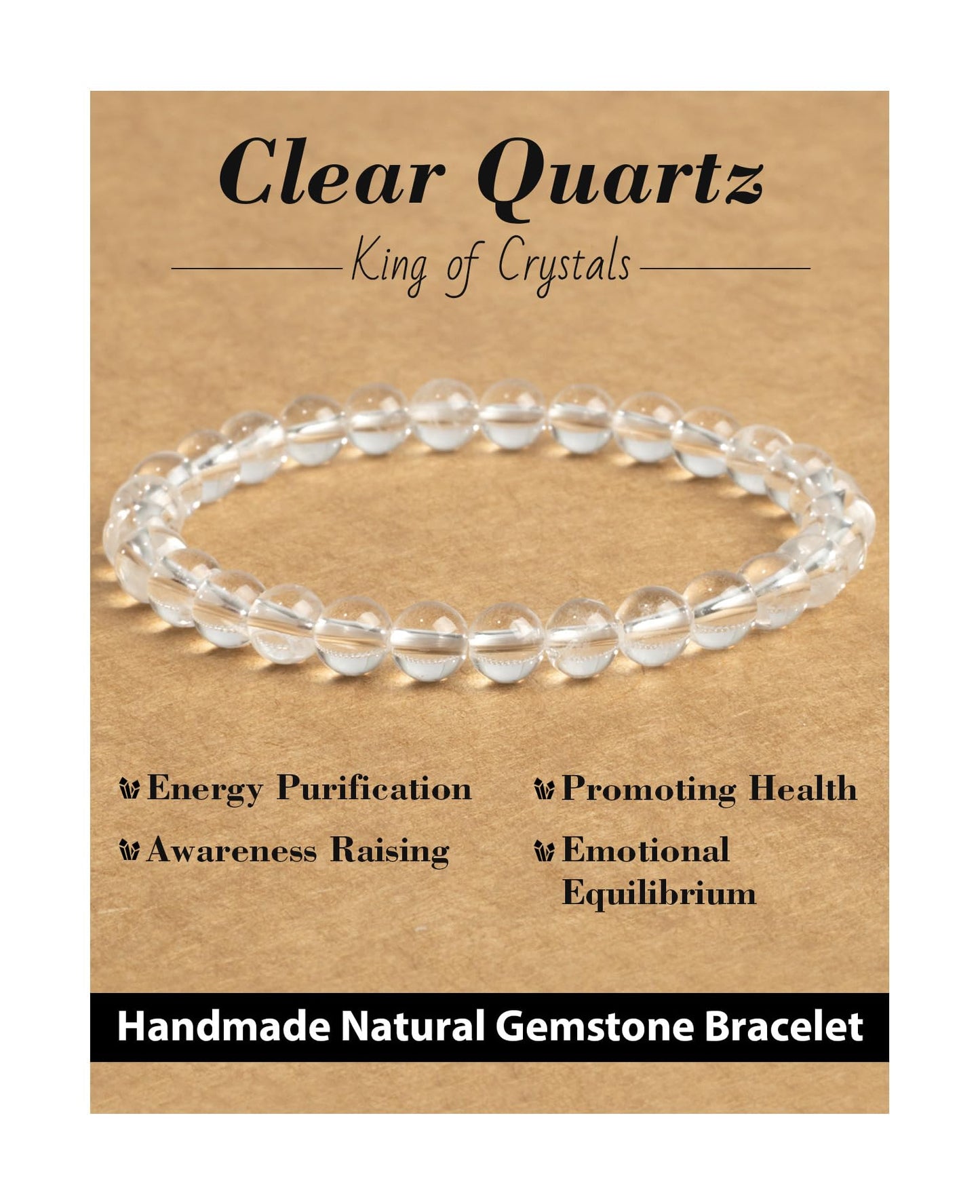 Landorilo Beaded Bracelet for Men Women, 6mm Natural Stone Clear Quartz Healing Crystal Stretch Bracelets, Ideal Christmas Birthday Jewelry Gifts with Energy Card，Replacement Beads Included