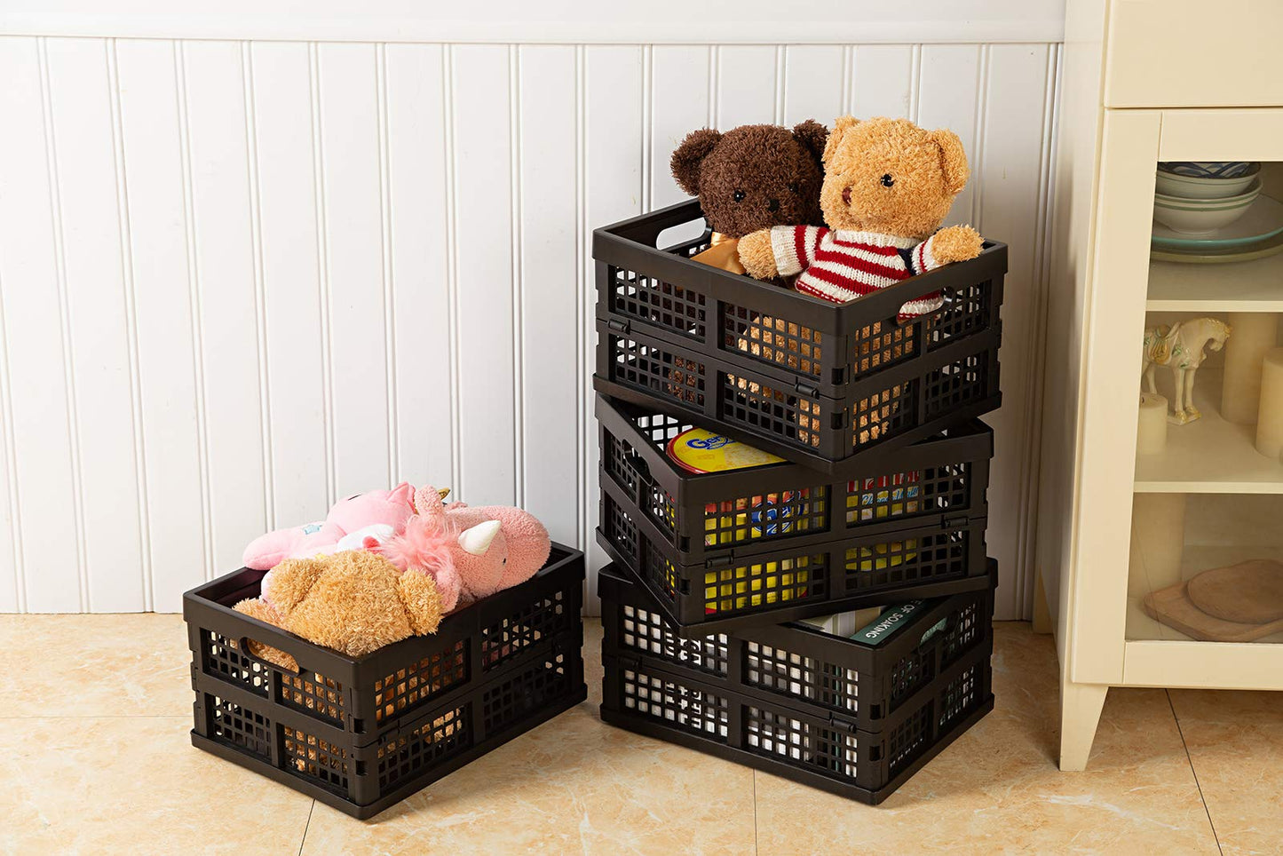 Eslite 16L Plastic Collapsible Storage Crates,Folding Crates Storage,Pack of 4,Black