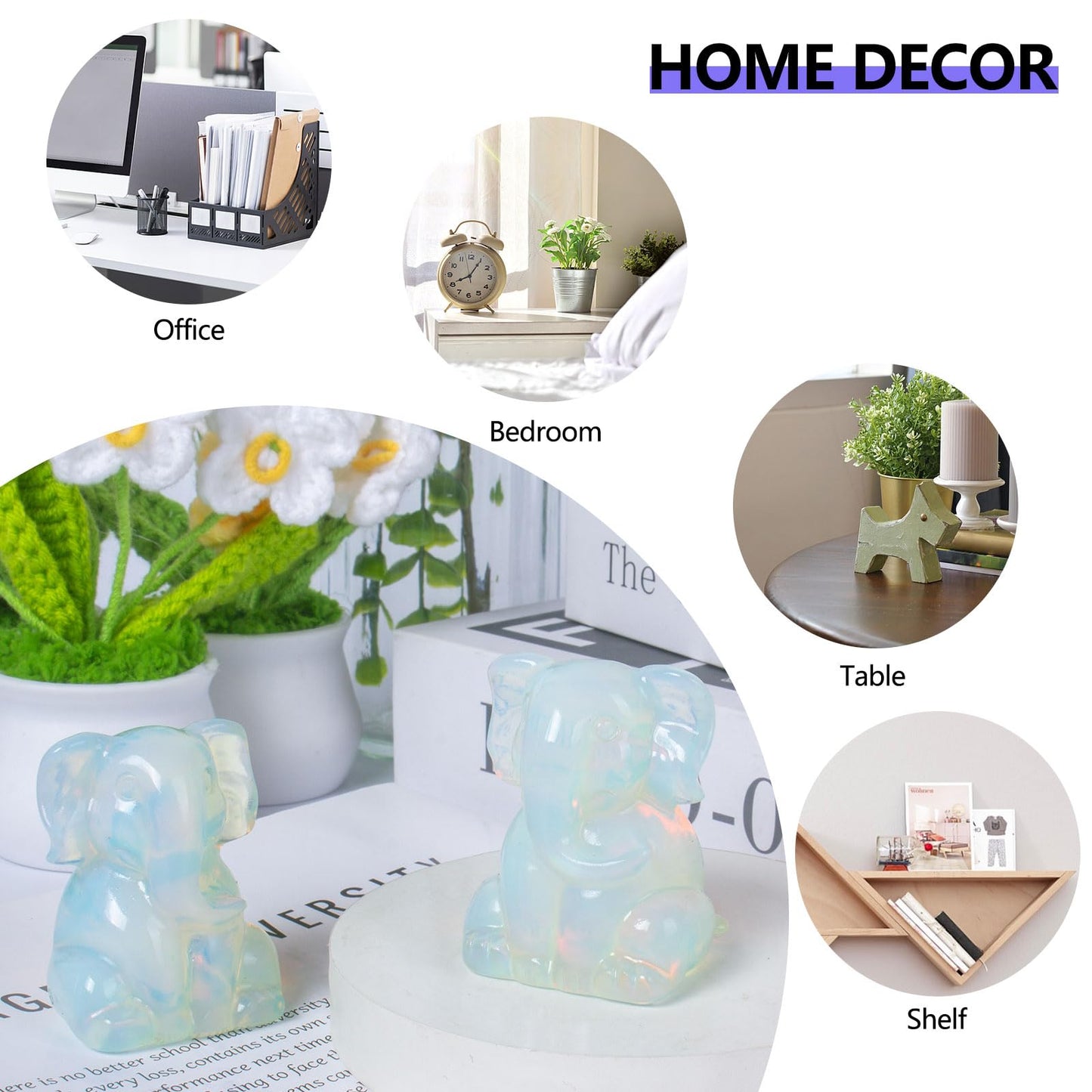 Ytbeoxk 2 Inch Crystal Elephant Decor Statues, White Opalite Cute Sitting Elephant Figurines, Reiki Healing Crystal Carved Animal Statues, Home Office Desk Hand Carved Decor Gifts for Women