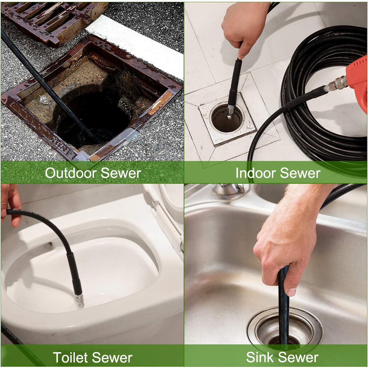 Sewer Jetter Kit 100FT for Pressure Washer, 5800PSI Drain Cleaner Hose 1/4 Inch NPT Corner Rotating and Button Nose Sewer Jetting Nozzle Spanner Waterproof Tape Pearl Corsage Pin