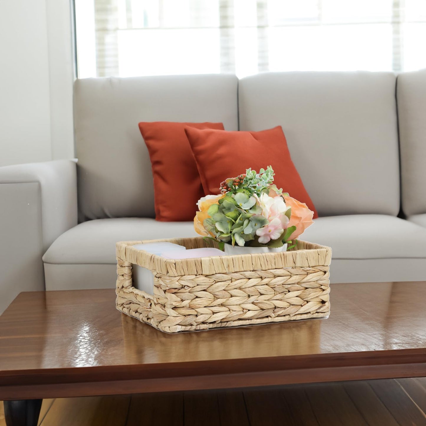 Wicker Baskets, Baskets for Organizing, Rattan Woven Basket for Storage, Organizer Bins with Built-in Handles, Storage Basket for Shelves (Water Hyacinth, Small)