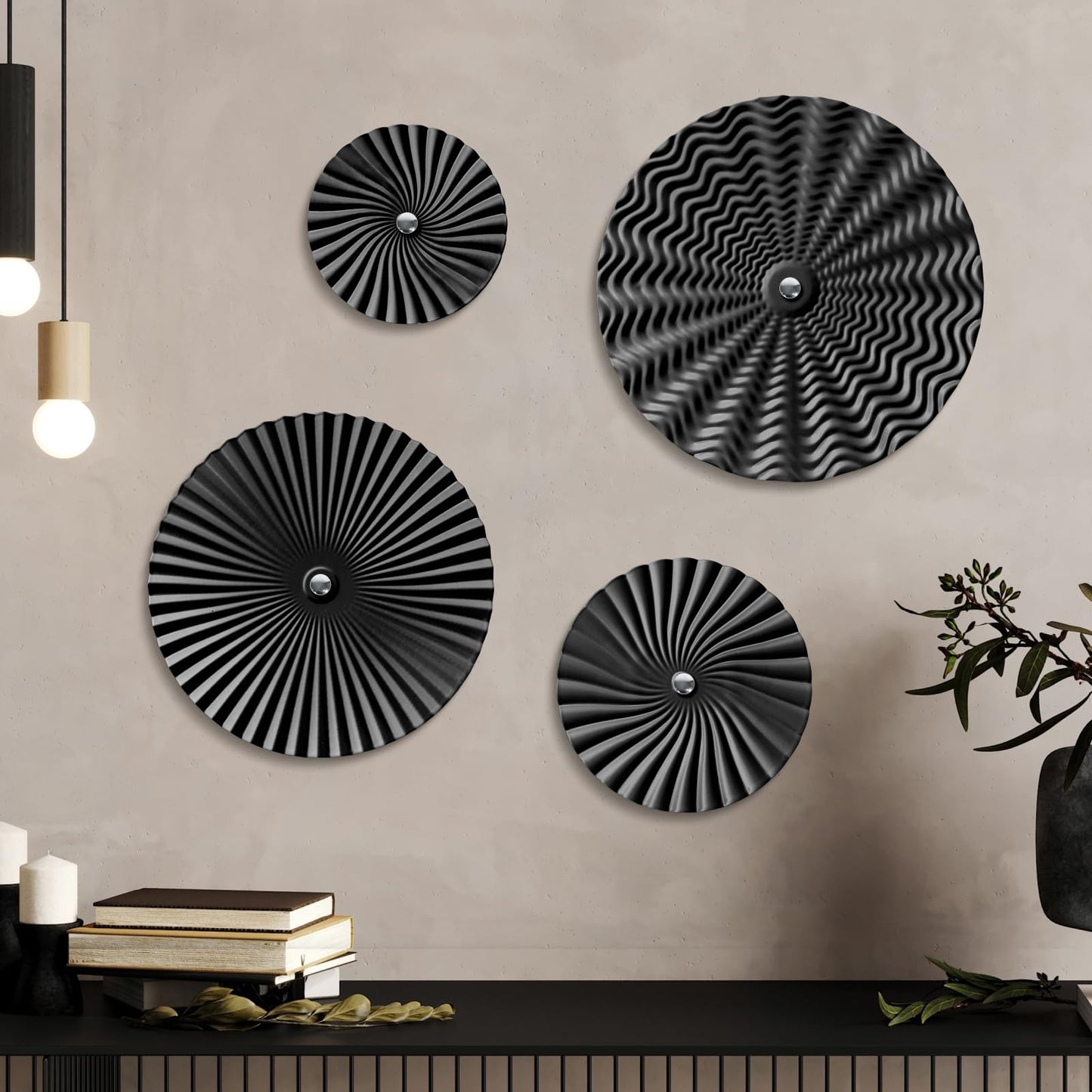Putuo Decor 12" Black Starburst Wall Art Set of 4, Round Ripple Metal Sculptures in Varying Sizes, 3D Iron Hanging Panels for Modern Living Room Bedroom Office Industrial Interiors