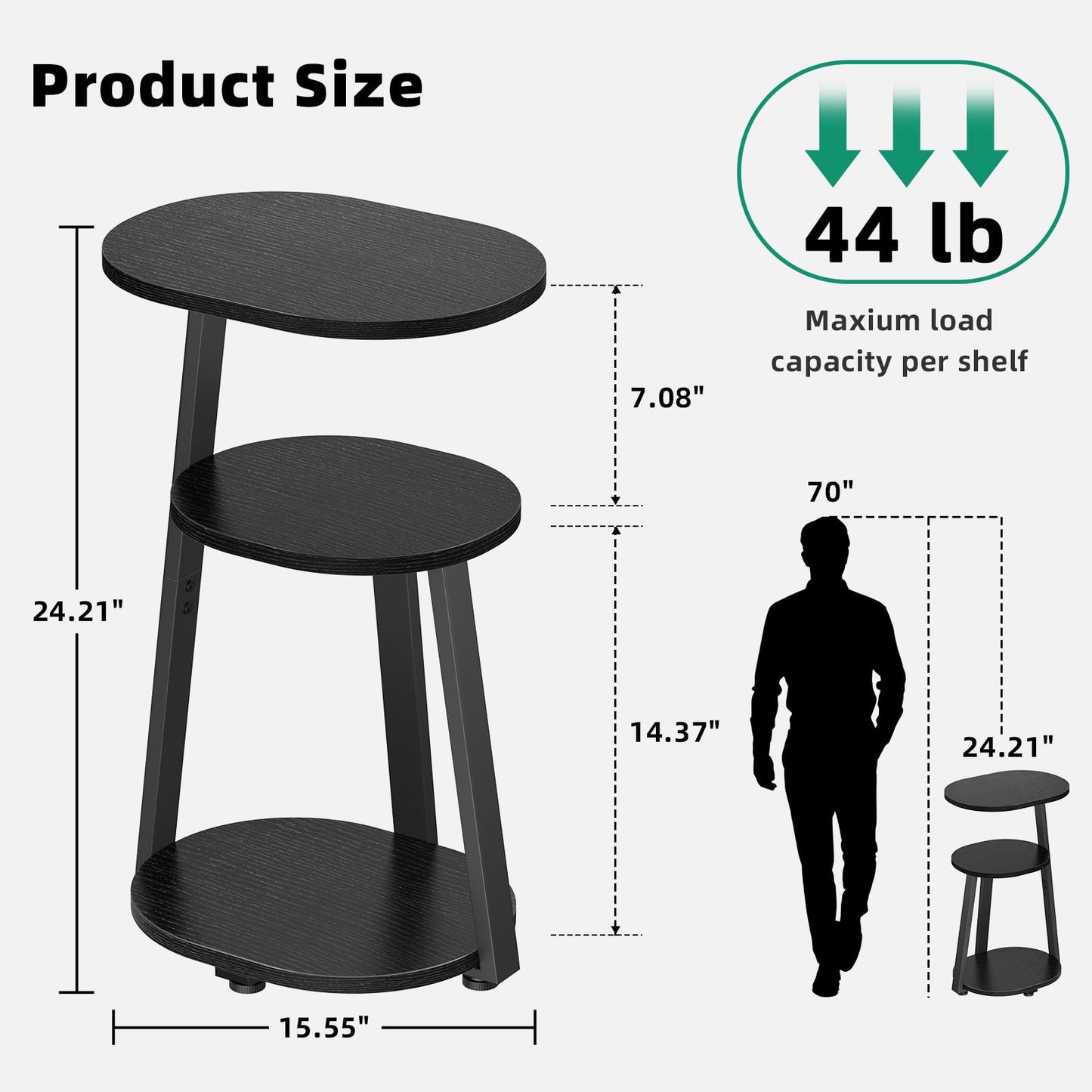 Kalrin Side Table, Small End Table with Metal Frame, 3-Tier Bedside Tables, Round Side Tables for Living Room Bedroom Couch Bathroom, Oval, Pure Black