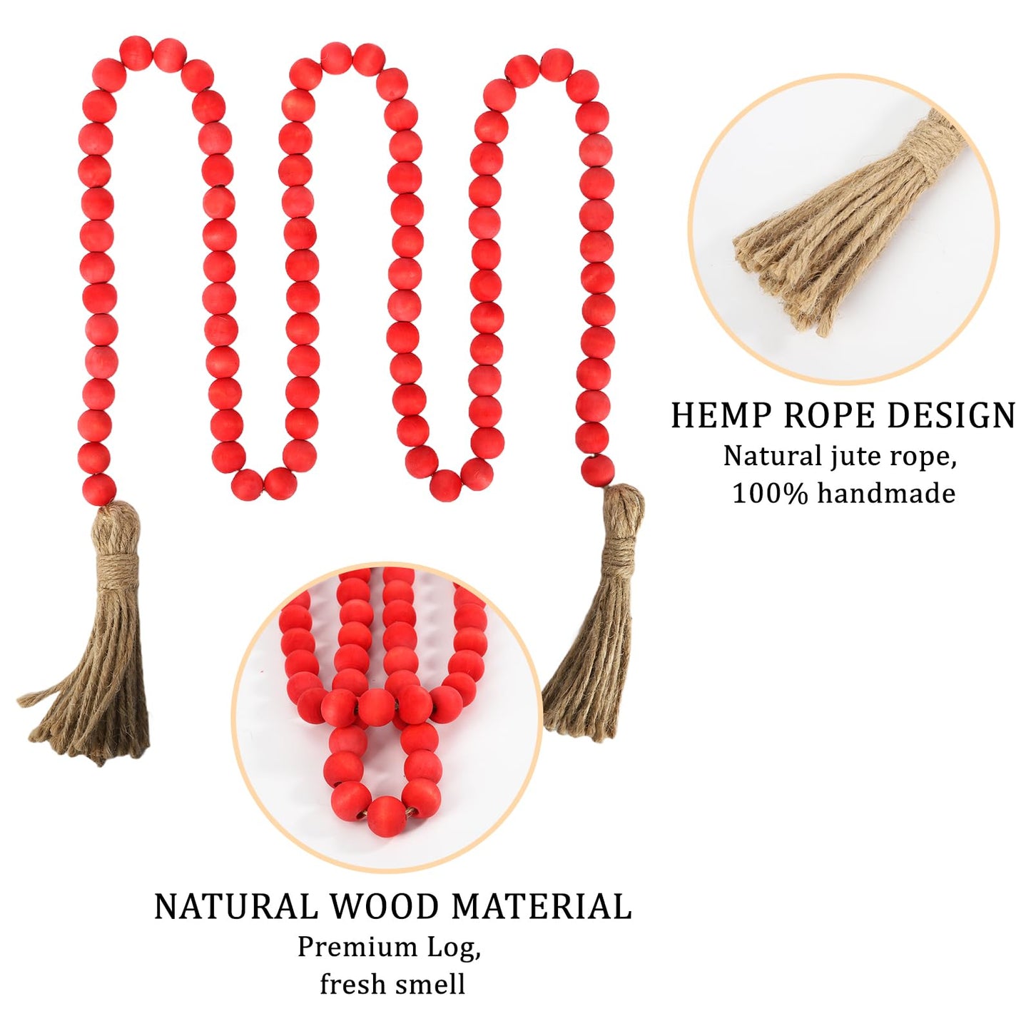 QIAHMNYE Wood Beads Garland with Tassel Rustic Country Decor Prayer Boho Wooden Beads String for Morden Wall Hanging Decor-Rose