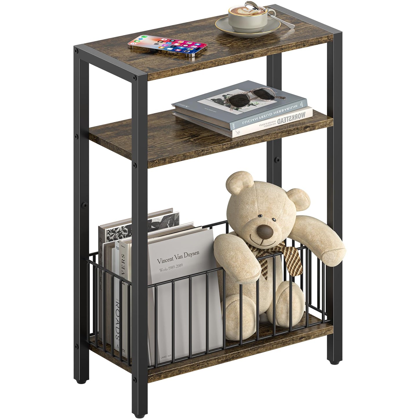 Yoobure Narrow Side Table with Storage Basket, Small End Table for Small Spaces Skinny Side Tables Living Room Bedroom, Slim Nightstand 3 Tier Bedside Table Space-Saving for Magazine, Rustic Brown