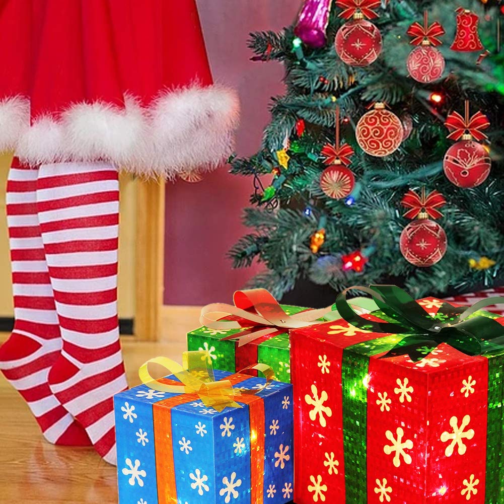 ATDAWN Set of 3 Lighted Gift Boxes Christmas Decorations, Red Green and Blue Present Boxes, Christmas Home Gift Box Décor