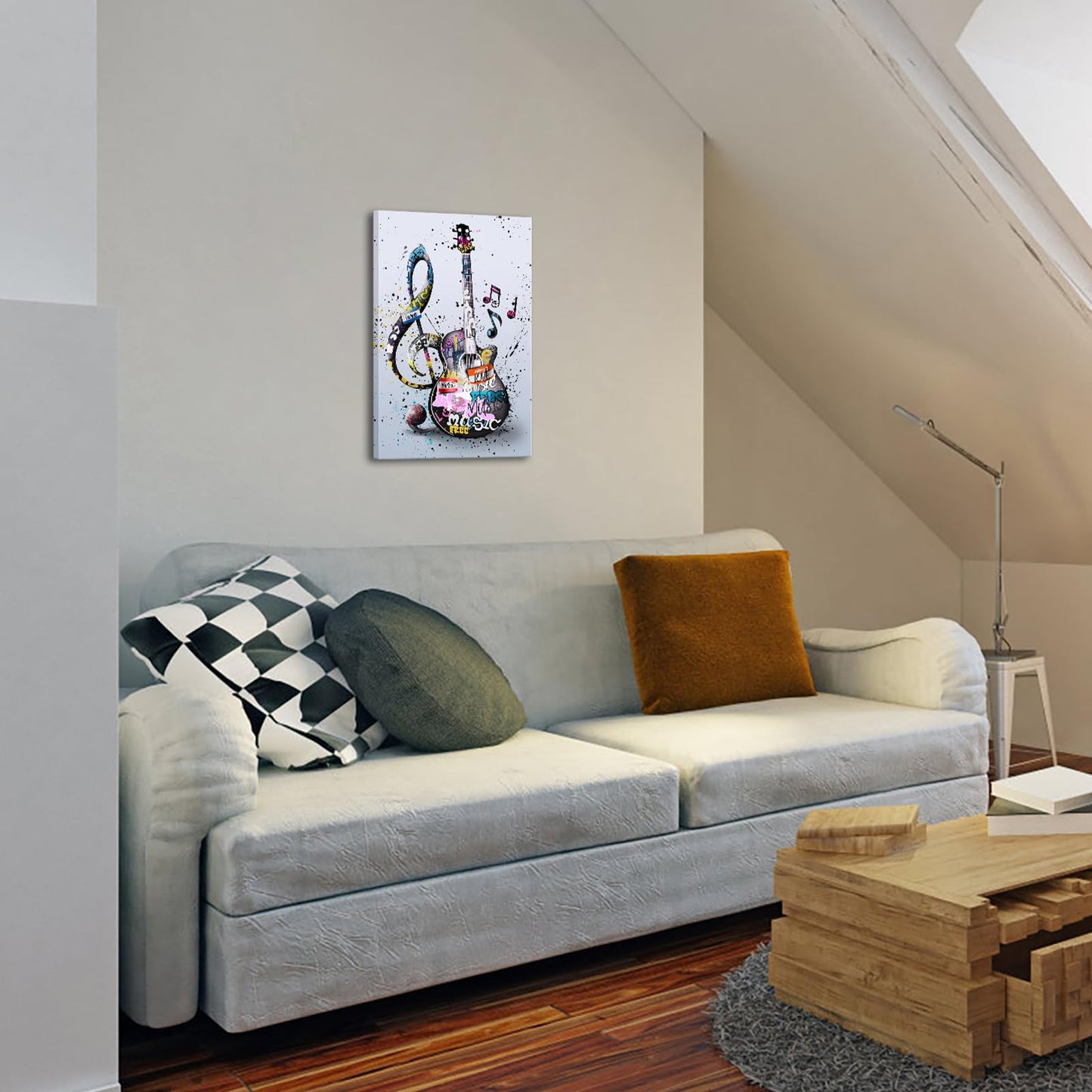 KREATIVE ARTS Guitar Canvas Painting for Music Studio and Room Decor Framed Artwork Graffiti Style Music Note Wall Art 16x24 Inch Stretched Canvas Ready to Hang
