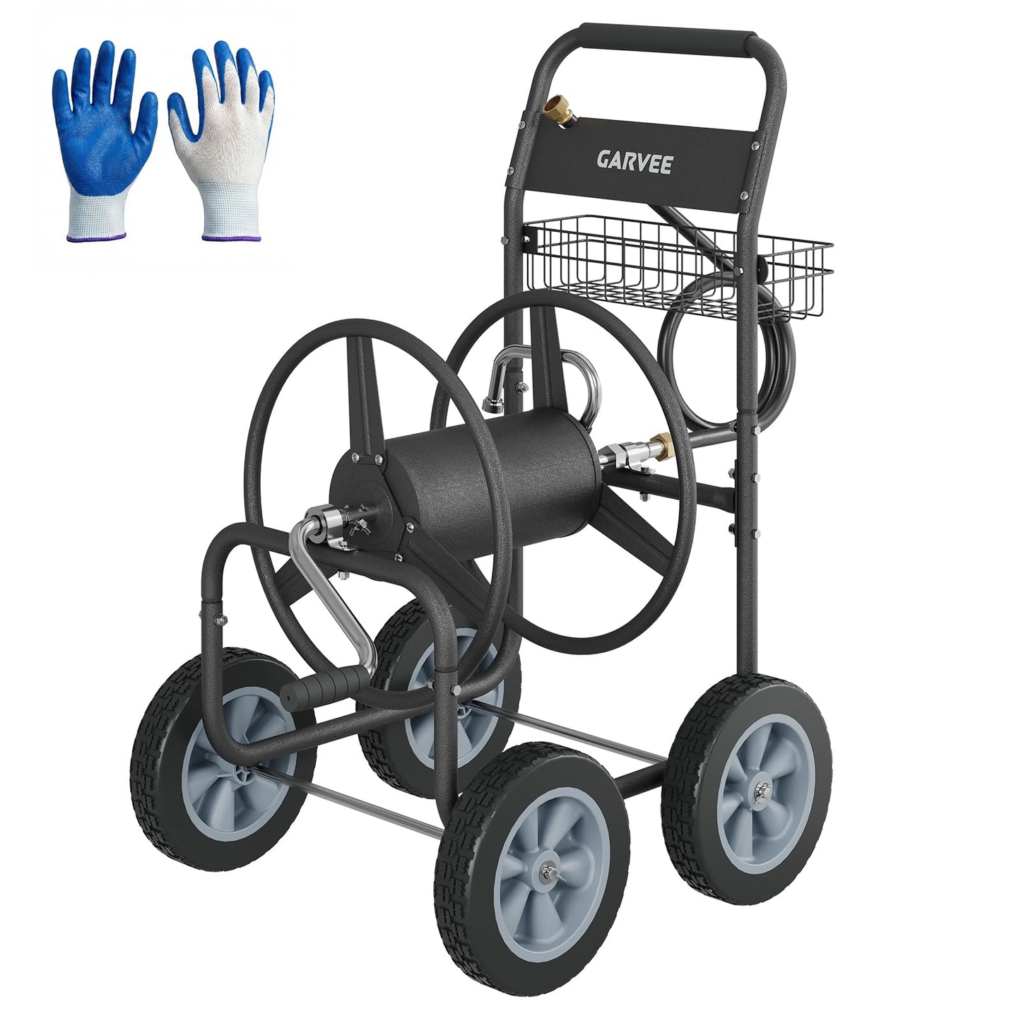 Garvee Hose Reel Cart, 4 Wheels Heavy Duty Mobile Garden Hose Cart Holds 250ft of 5/8" Water Hose, Powder-Coated Steel with Storage Basket for Yard, Lawn, Outdoor Planting