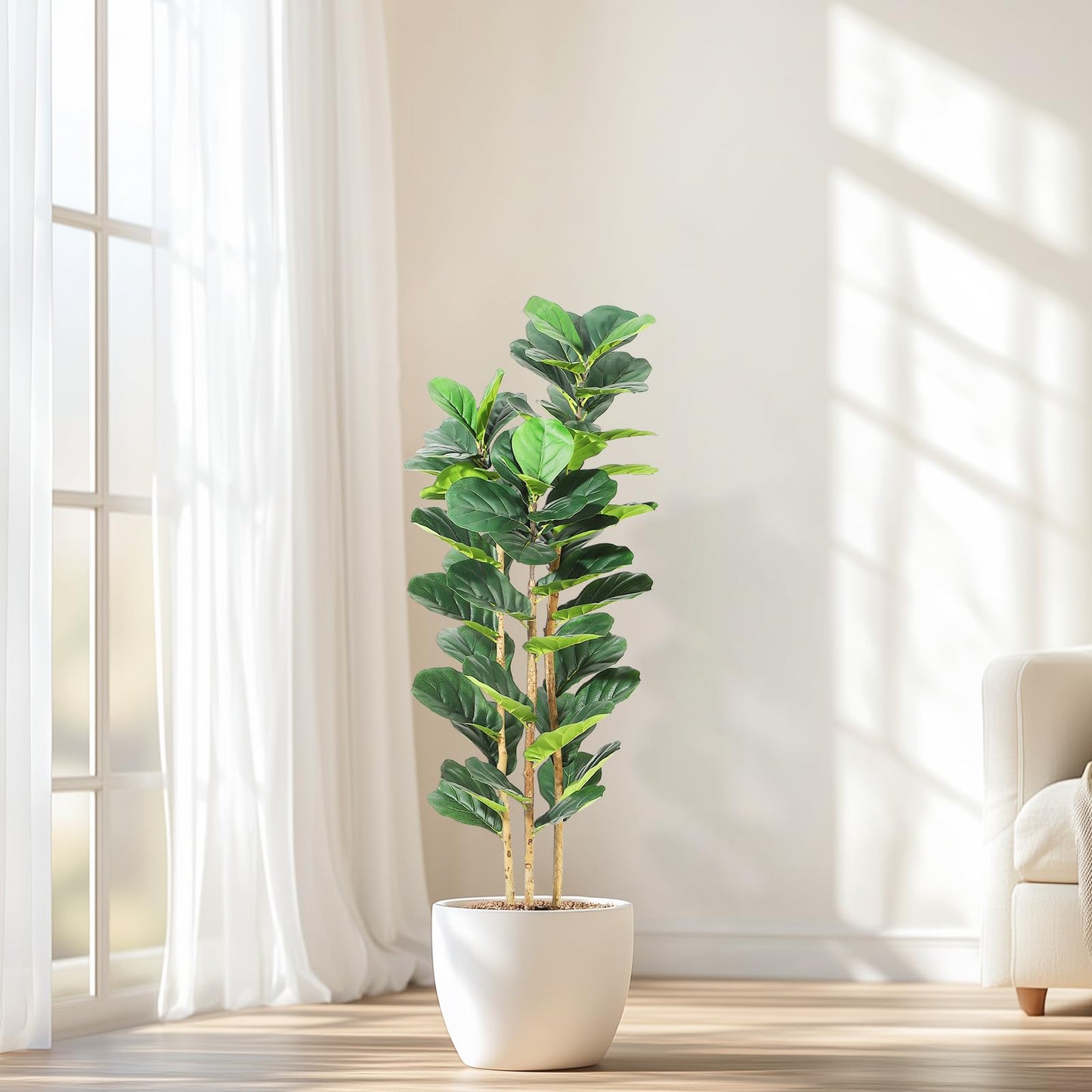 Garvee Artificial Fiddle Leaf Fig Tree with White Planter, 5 ft Tall Fake Plant with Natural Wood Trunk, Faux Ficus Tree Potted Moss for Home Office Living Room Decor