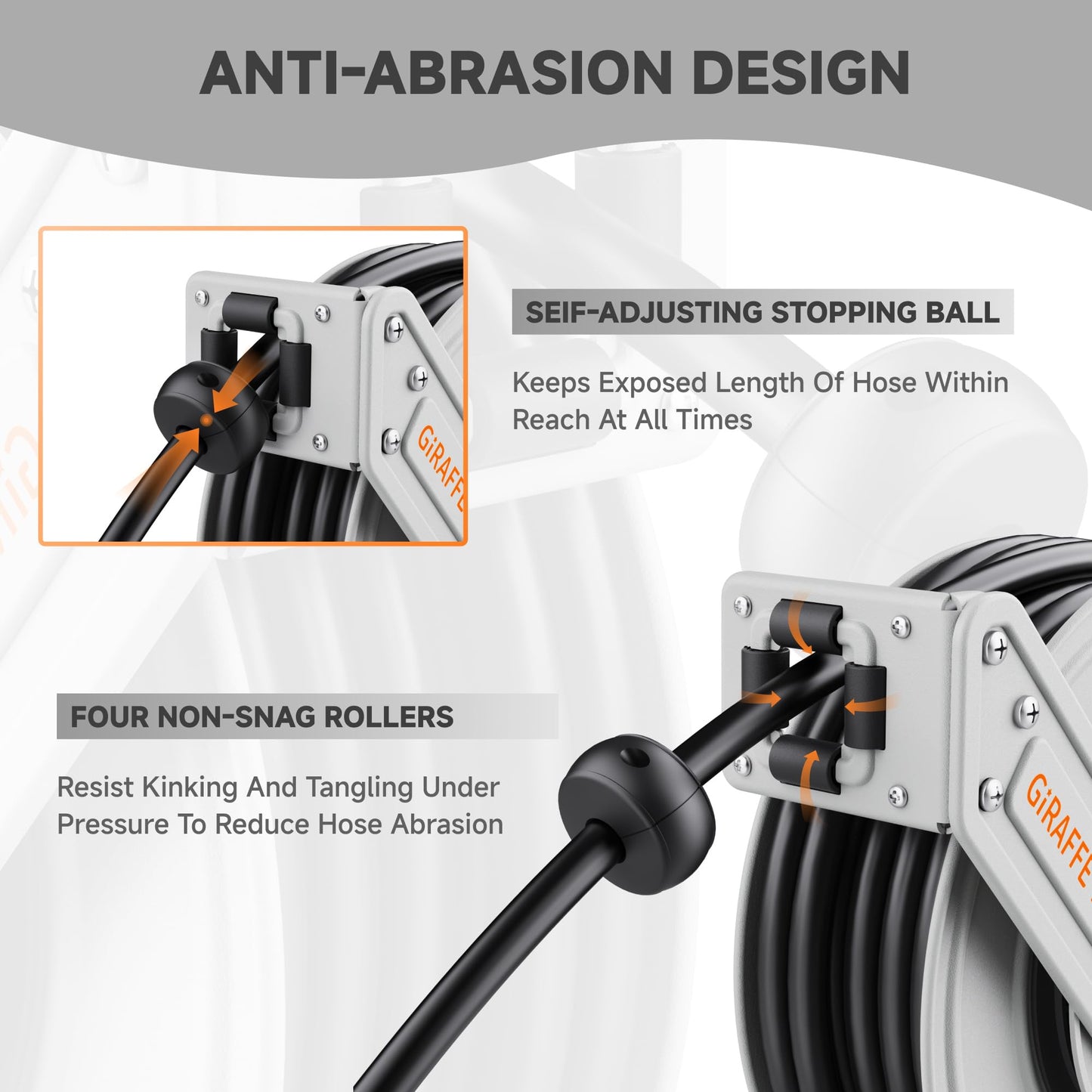 Giraffe Tools Pressure Washer Hose Reel 65ft, 3200 PSI Power Washer Hose Reel, Pressure Washer Retractable Hose Reel, Heavy Duty, Wall/Floor Mounted, Silver