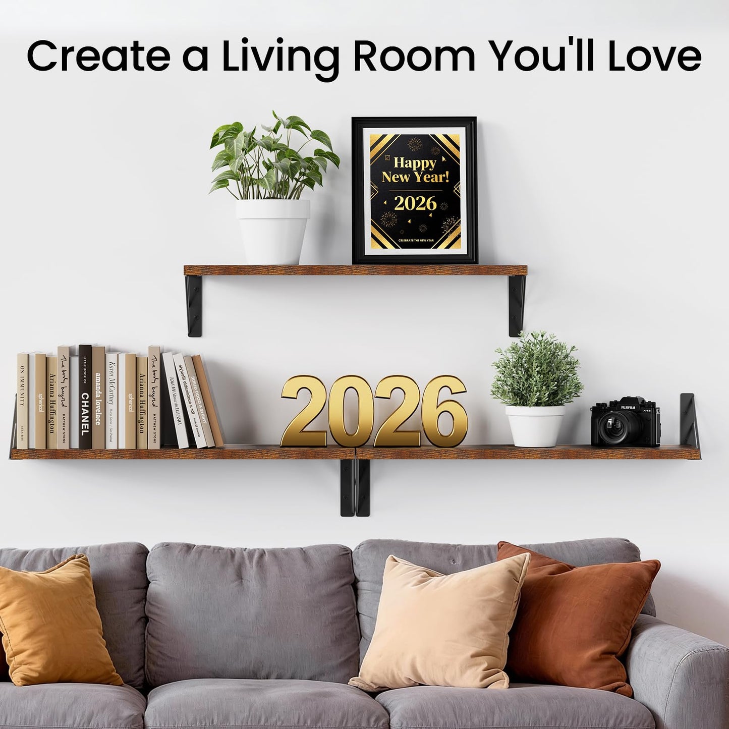 BAYKA 23-in Floating Wall Shelves, Rustic Wood Wall Shelves for Bedroom, Bathroom, Kitchen & Living Room, Display Shelf for Books, Plants & Decor (Rustic Brown)