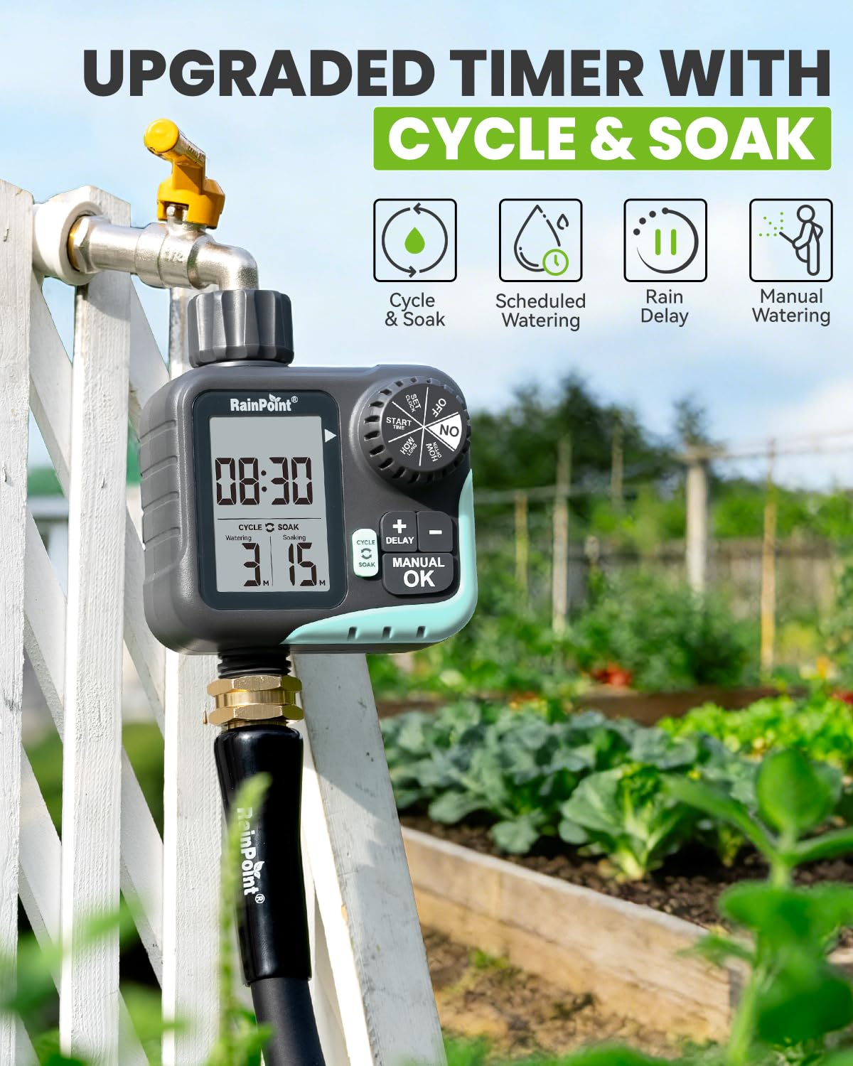 RAINPOINT Sprinkler Timer - Cycle & Soak Hose Timer for Garden Hose with Automatic Watering/Manual Watering/Rain Delay, Programmable for Irrigation System, Lawn, Yard, Outdoor