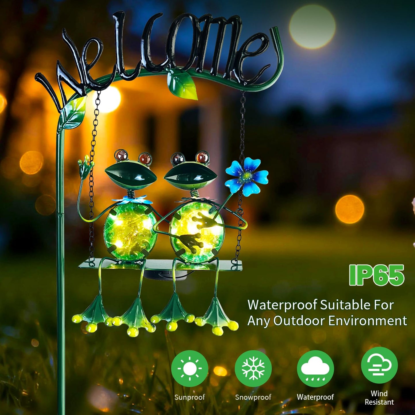 HONGLAND Solar Lights Outdoor Waterproof, Frog Swing Garden Decor, Frog Decorative Stake with Welcome Sign Landscape Patio Yard Gifts for Women Mom (48 inch)