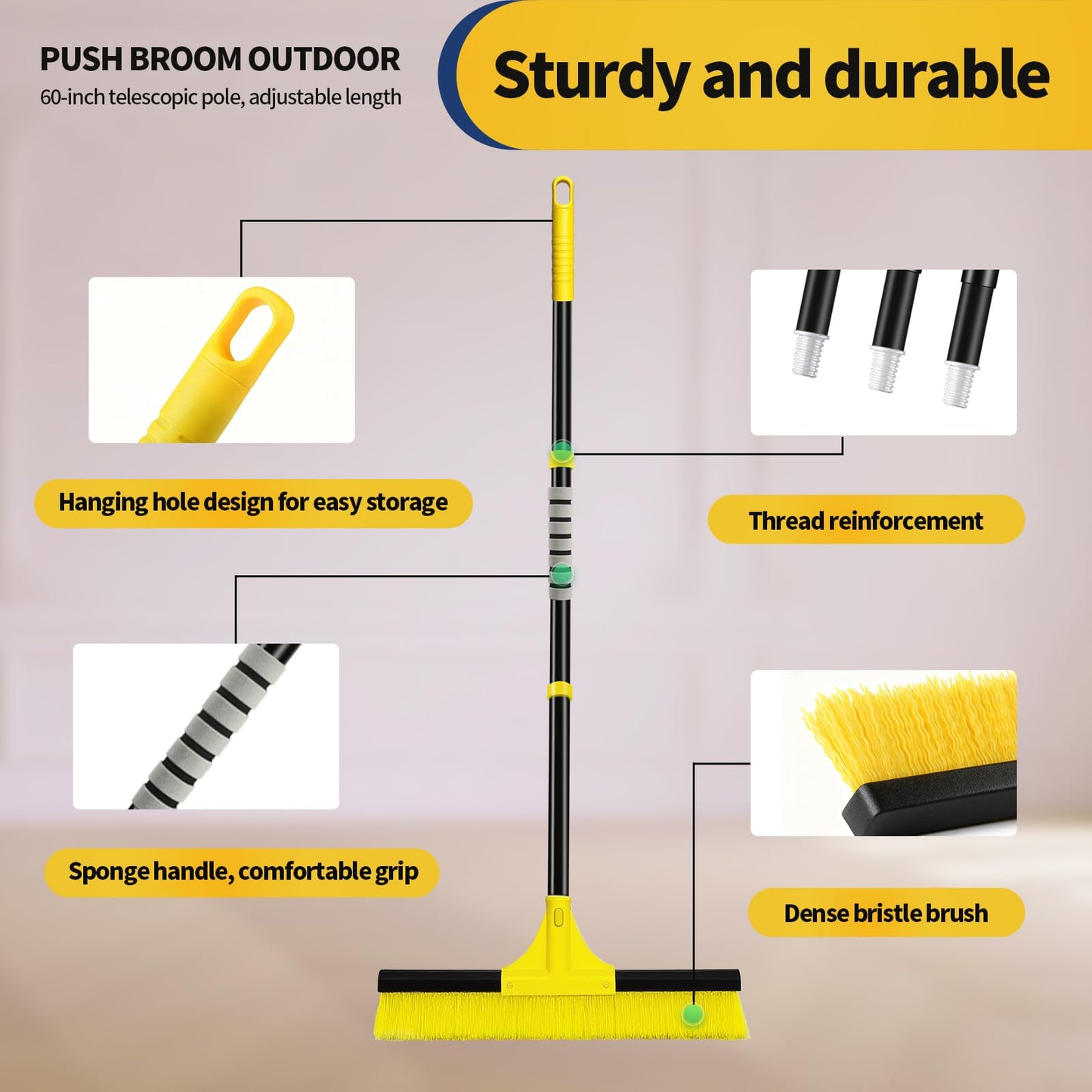 18”Push Broom Brush for Floor Cleaning with 60” Long Handle and Stiff Bristles, Heavy Duty Brush for Shop, Deck, Garage, Concrete,Indoor and Outdoor Broom