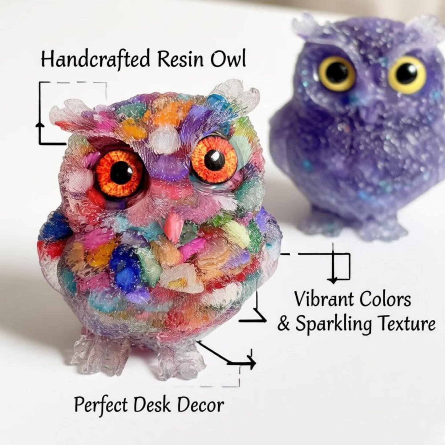 OwMell Owl Statue Tumbled Stone Gemstone Owl Figurine Home Decor Shelf Decor 2.5" - Rainbow