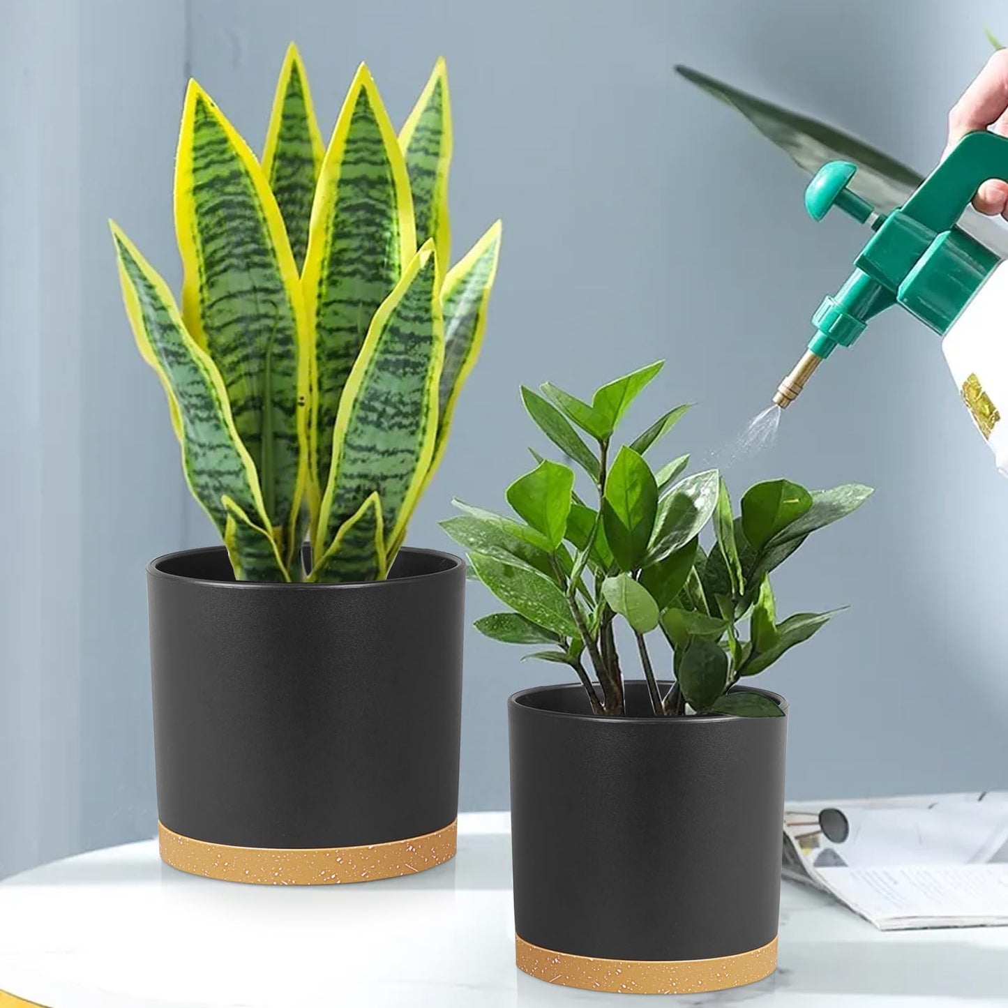 Meowell 8/7/6 inch Flower Pots, 3 Pack Cylinder Plant Pots for Outdoor Indoor Plants, Decorative Plastic Planters with Drainage Holes and Saucers for Garden House Plants, Black with Brown