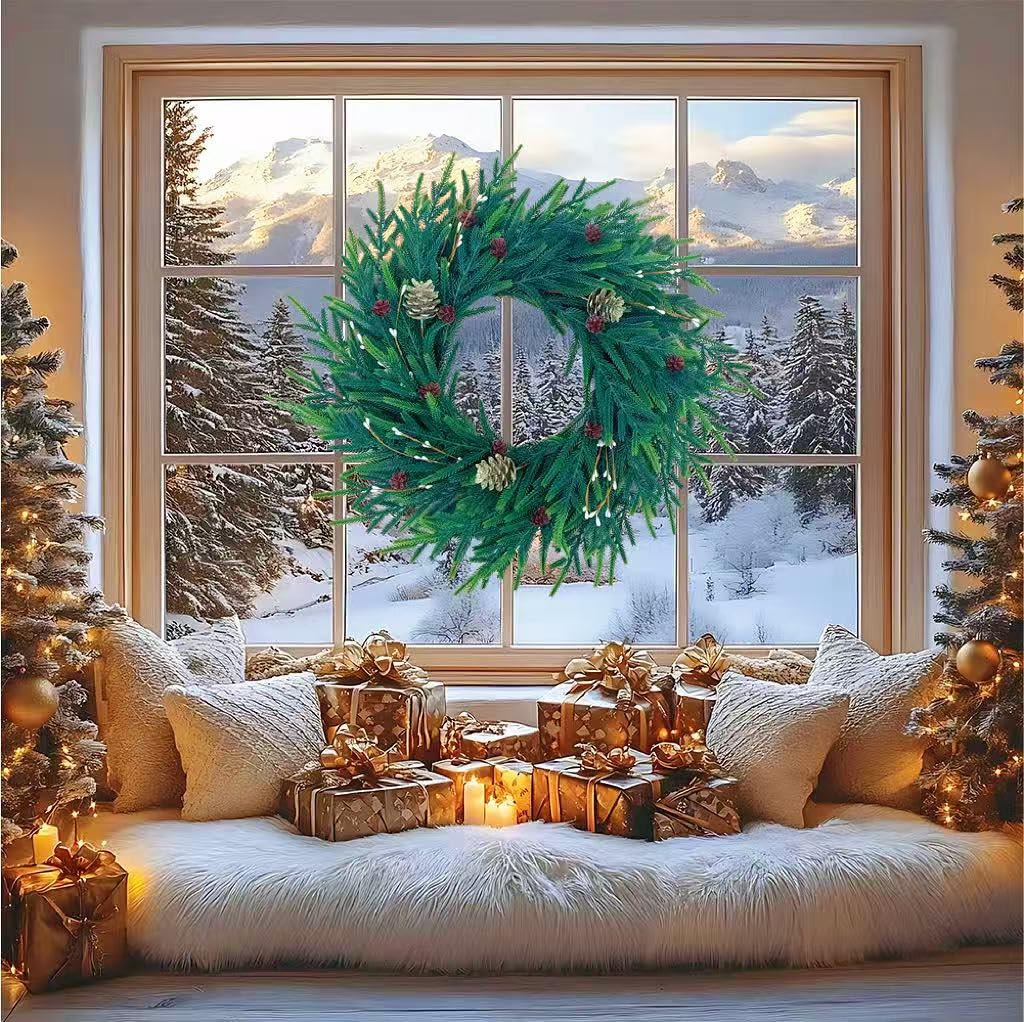 20 Inch Christmas Wreath for Front Door, Artificial Realistic Green Pine with Gold Pinecone, Door Wall Window Fireplace Party Decor