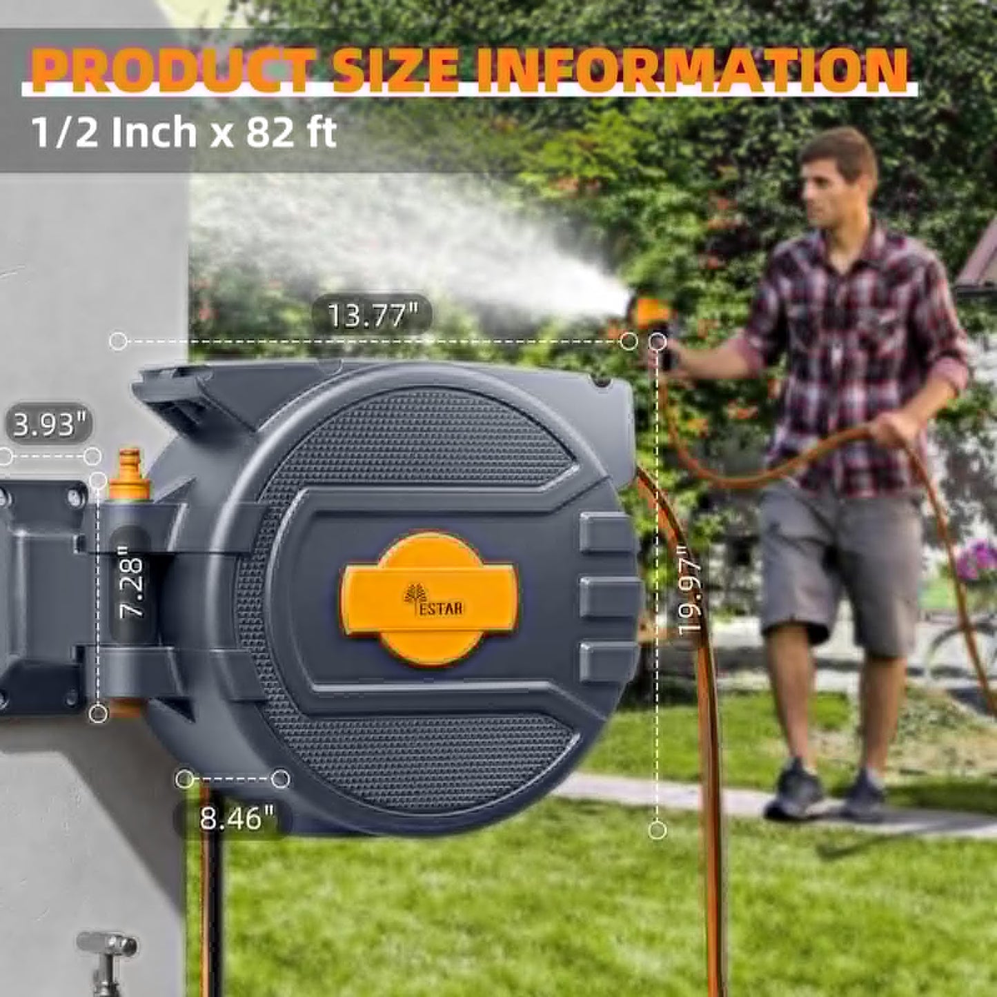 Retractable Garden Hose Reel 1/2 in x82 ft, Garden Water Hose Reel with 7- Function Sprayer Nozzle, Any Length Lock/Automatic Slow Return System,180° Swivel Bracket