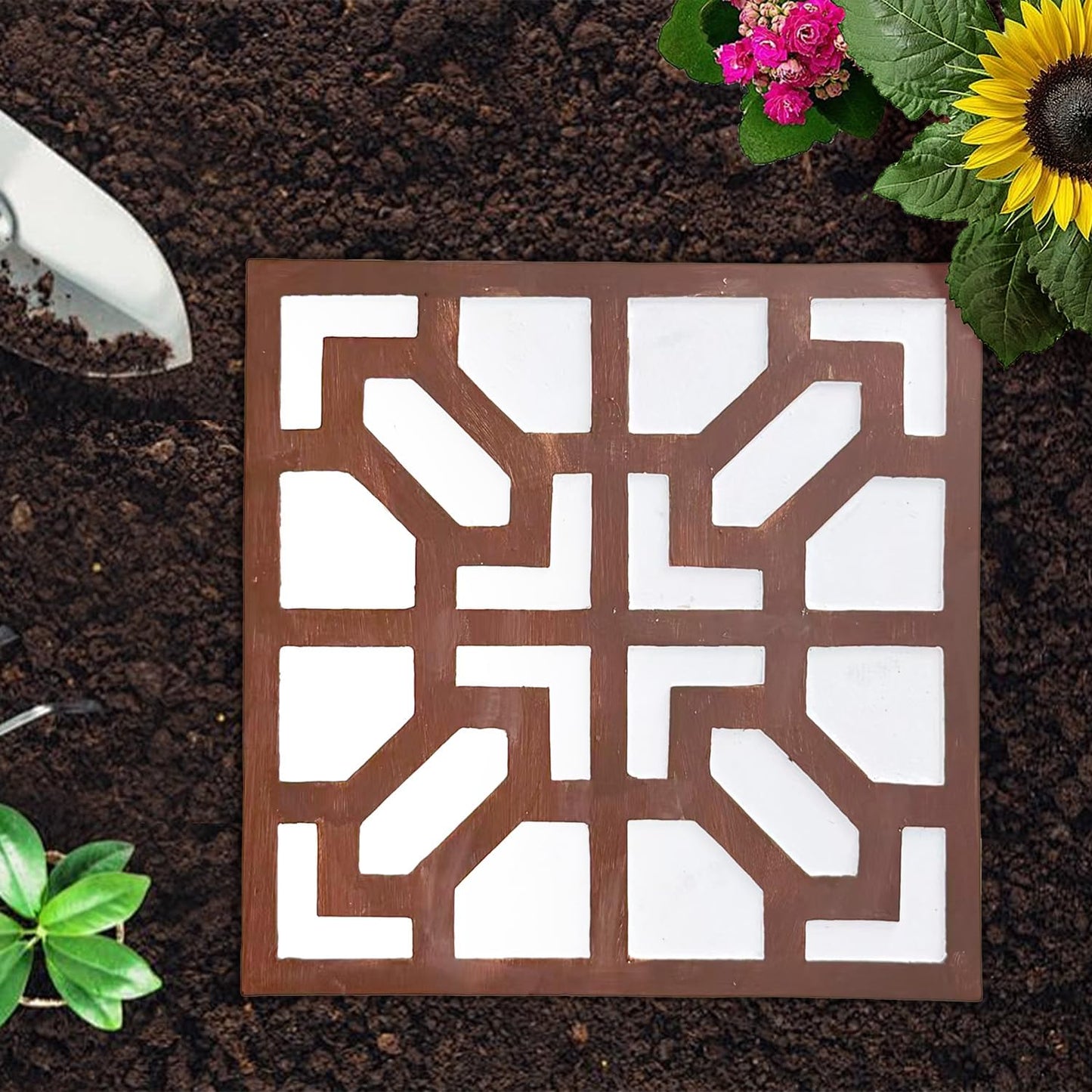 2 Pack Square Stepping Stones, 10” Cement Garden Path Stones in Moroccan Tile Design, Modern Geometric Outdoor Patio Decor, Weather-Resistant (Sahara Clay)