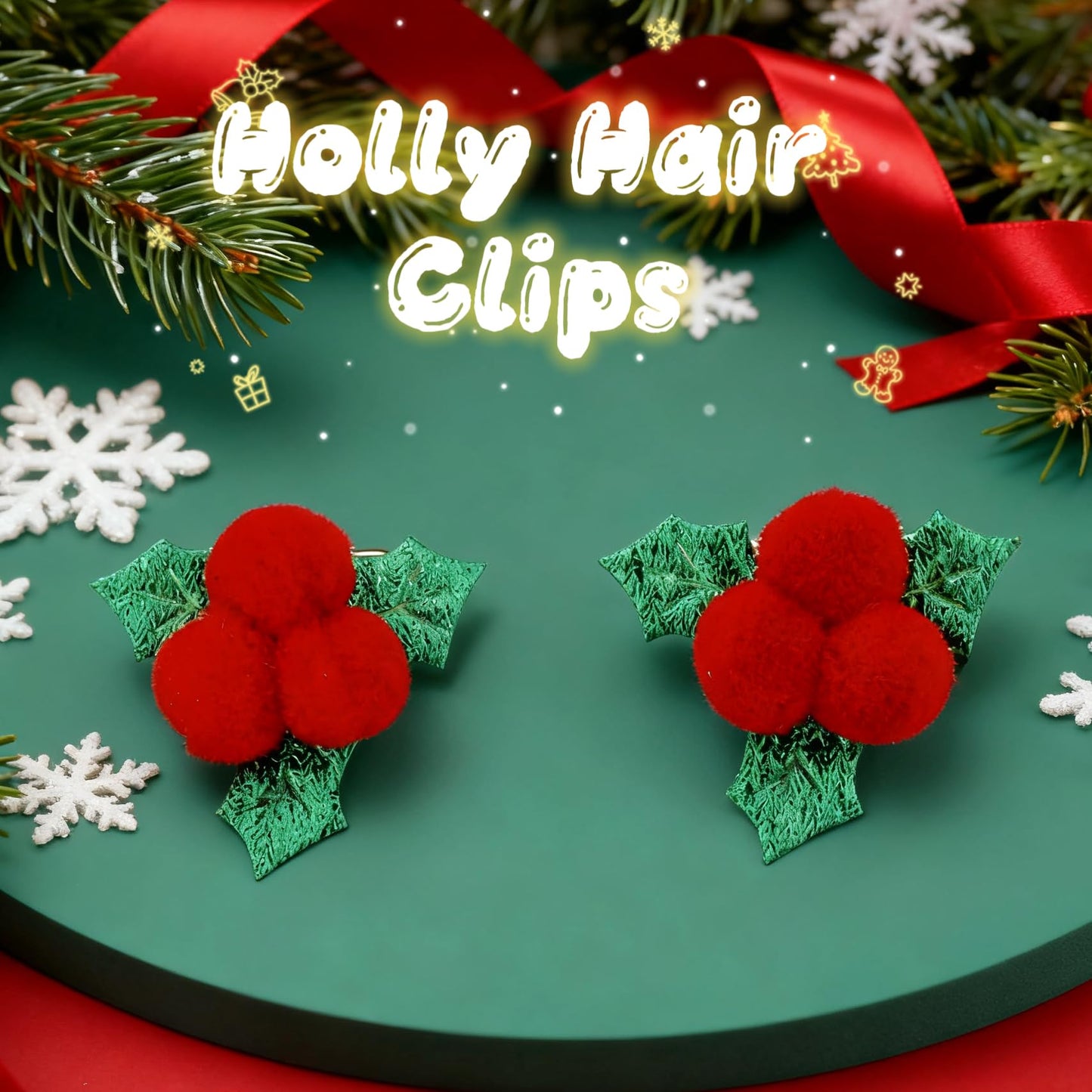 2-Piece Festive Holly Hair Clips with Red Berry Green Leaf Duckbill Clips Xmas Barrettes for Girls Holiday Hair Accessories for Winter Christmas New Year Parties