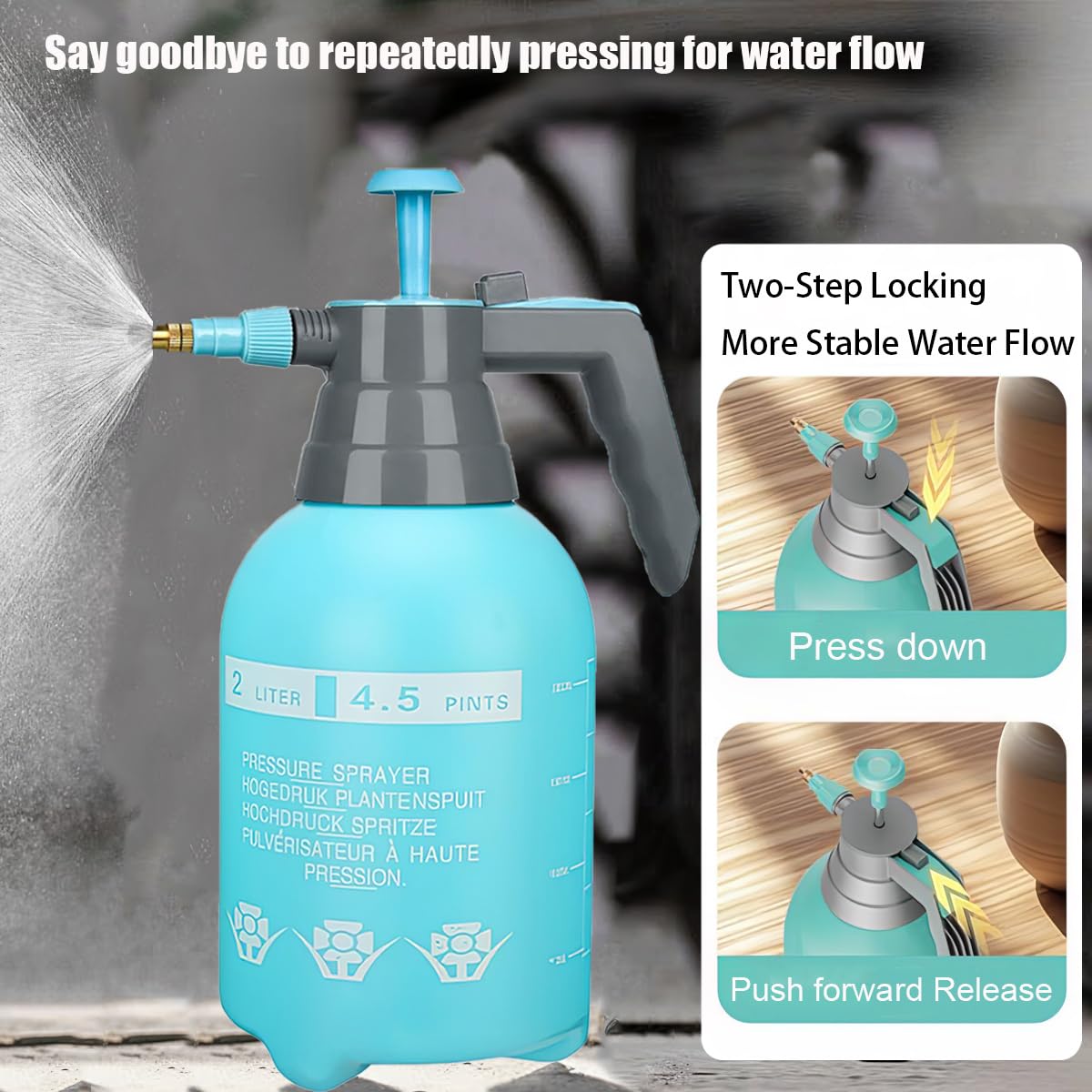 3-Pack Manual Pressure Sprayer with Adjustable Brass Nozzle, 2L Handheld Gressure Spray Bottle, Multipurpose Plastic Pump Bottle Spray for Garden Watering, Yard Spraying and Household Tasks