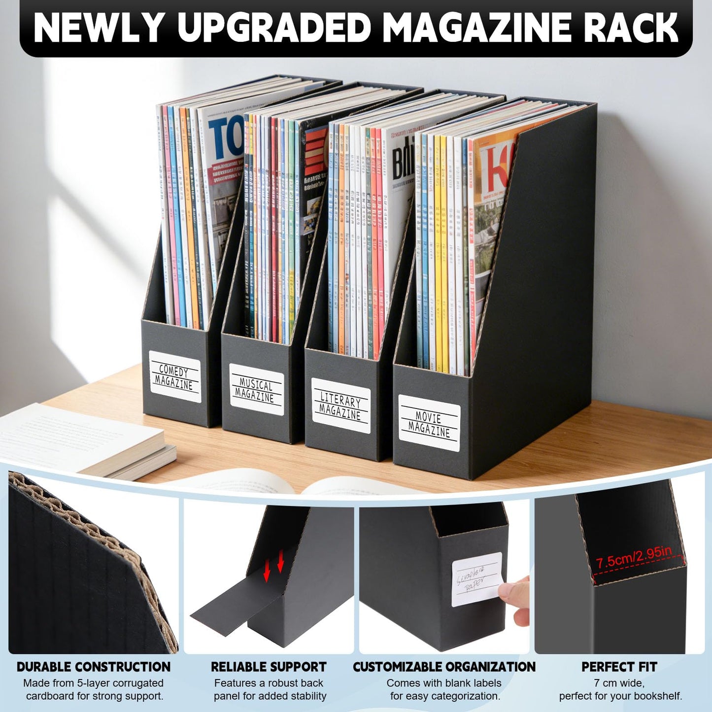 YOTINO Black Magazine Holder, 6 Pack Cardboard Magazine File Holders, Vertical Desktop File Holder Organizer, Sturdy Magazine Rack for Office, Home and Classroom
