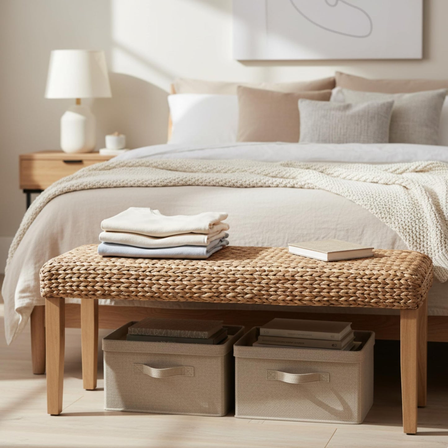 Solid Wood Acacia Indoor Bench with Natural Woven Seat, 47 Inch Wood Bench for Living Room or Entryway Benc, Bedroom End of Bed Bench or Dining Benches, Window Bench (Fishbone, Water Hyacinth)