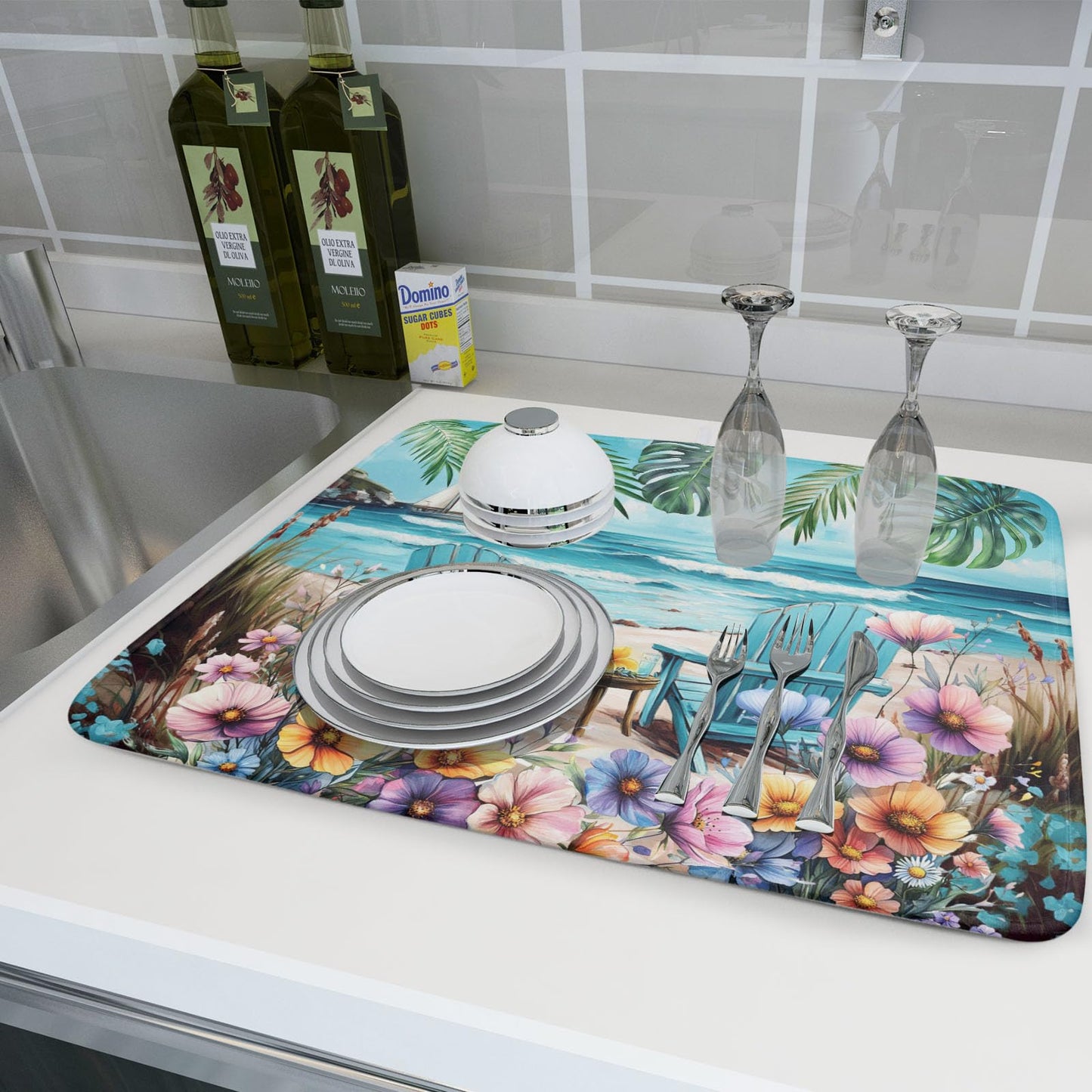 Spring Summer Sea Chair Dish Drying Mat for Kitchen Counter,Coastal Beach Palm Leaf Flowers Drying Mat 18 x 24 Inch with Absorbent Reversible Microfiber Drying Pad for Coffee Bar