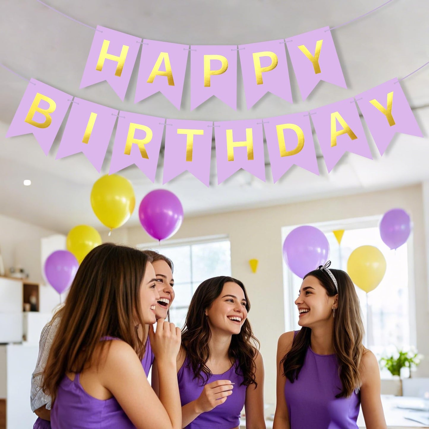 JHZMCRX Happy Birthday Banner Sign Birthday Garland Wall Door Banner Flag Name Signs for Women Men Boys Girls Birthday Party Backdrop Decorations Golden Letters Light Purple