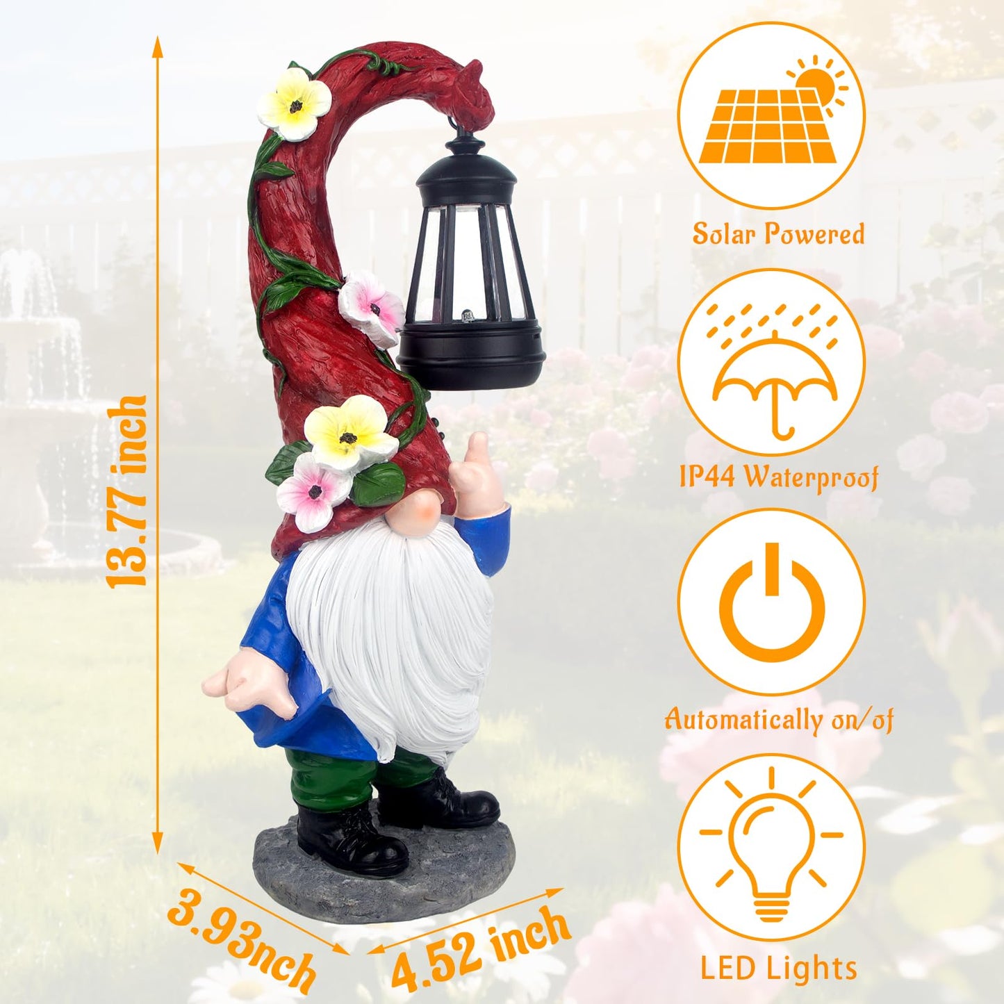 PaLuQiYa Garden Gnome Statue with Solar Lights 13.7" Garden Sculptures Gnomes Decorations Gnome Outdoor Patio Lawn Yard Balcony Birthday Gift for Mom Grandma(Right Light)