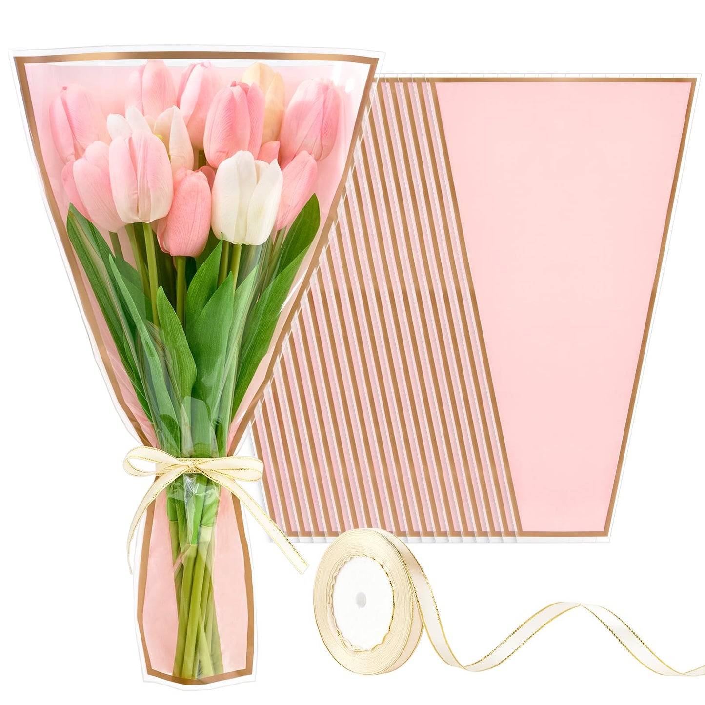 Mauproy 50 Pack Pink Flower Bags for Bouquets, 17.8 x 11.2 Inches Plastic Flower Sleeves Clear Front Floral Wraps with Ribbons for Mother's Day Florist Packaging Supplies
