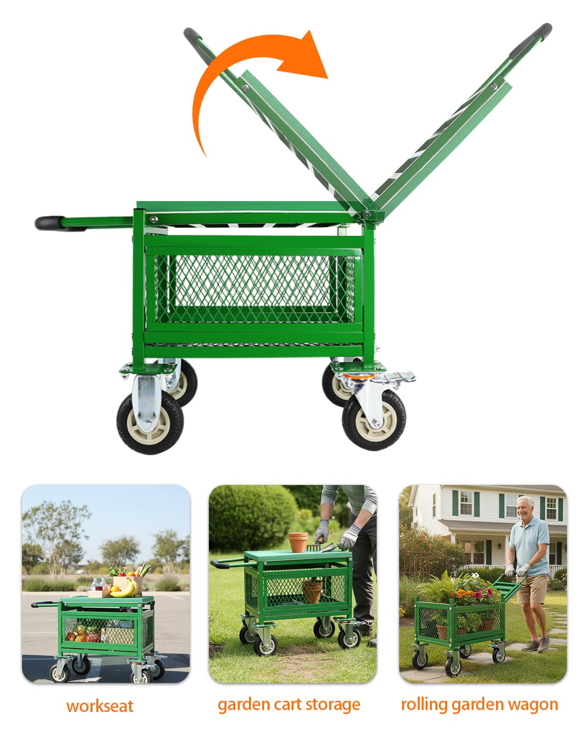 Ryansunoro Garden Seat with Cart and Wheels - Lockable 360 Swivel Wheels & Heavy-Duty - Foam Handle Grip, Large Mesh Storage Basket - Comfortable Garden Rolling Seat for Seniors, Patio, Lawn & Yard