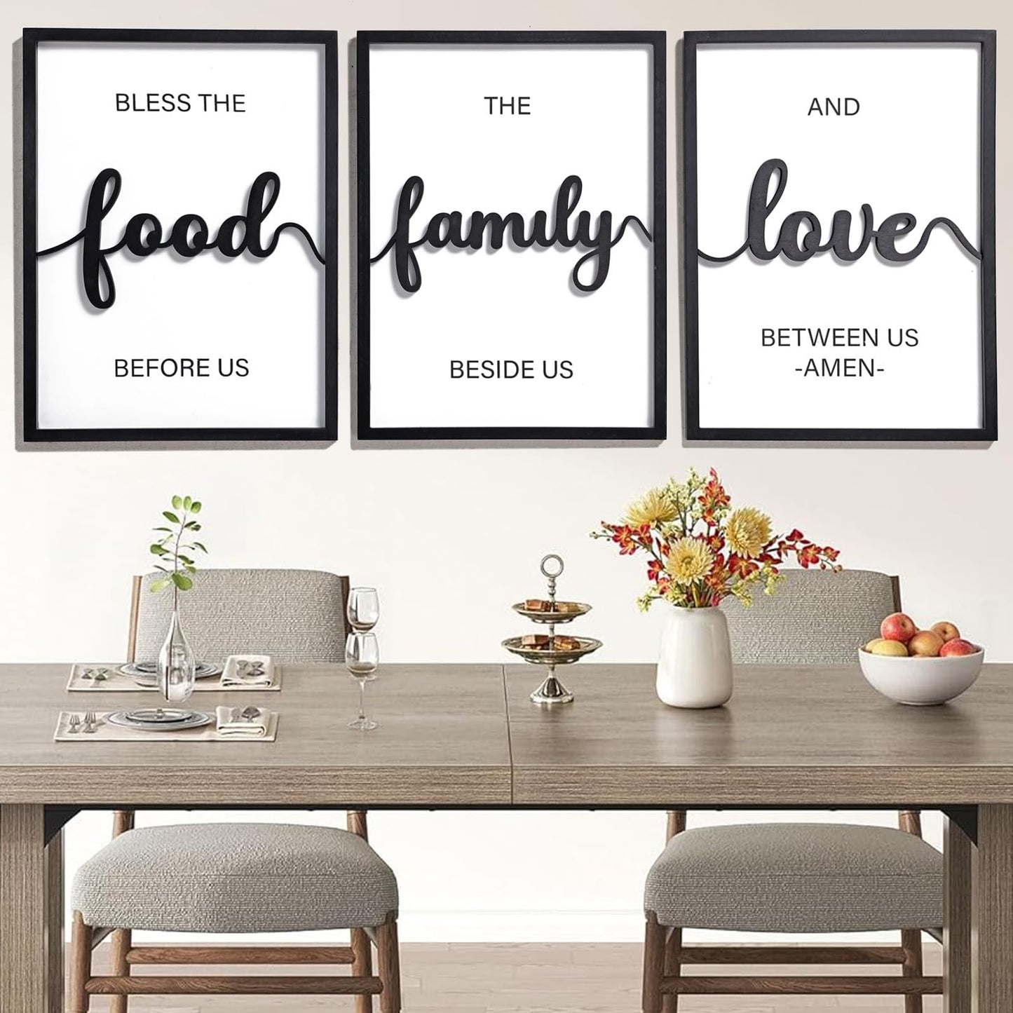 3D Wood Bless The Food Before Us Wall Decor, 36" x 16" Framed Kitchen Wall Art for Dining Room Wall Decor(Ready to Hang, 12x16 inches, Set of 3, Framed)