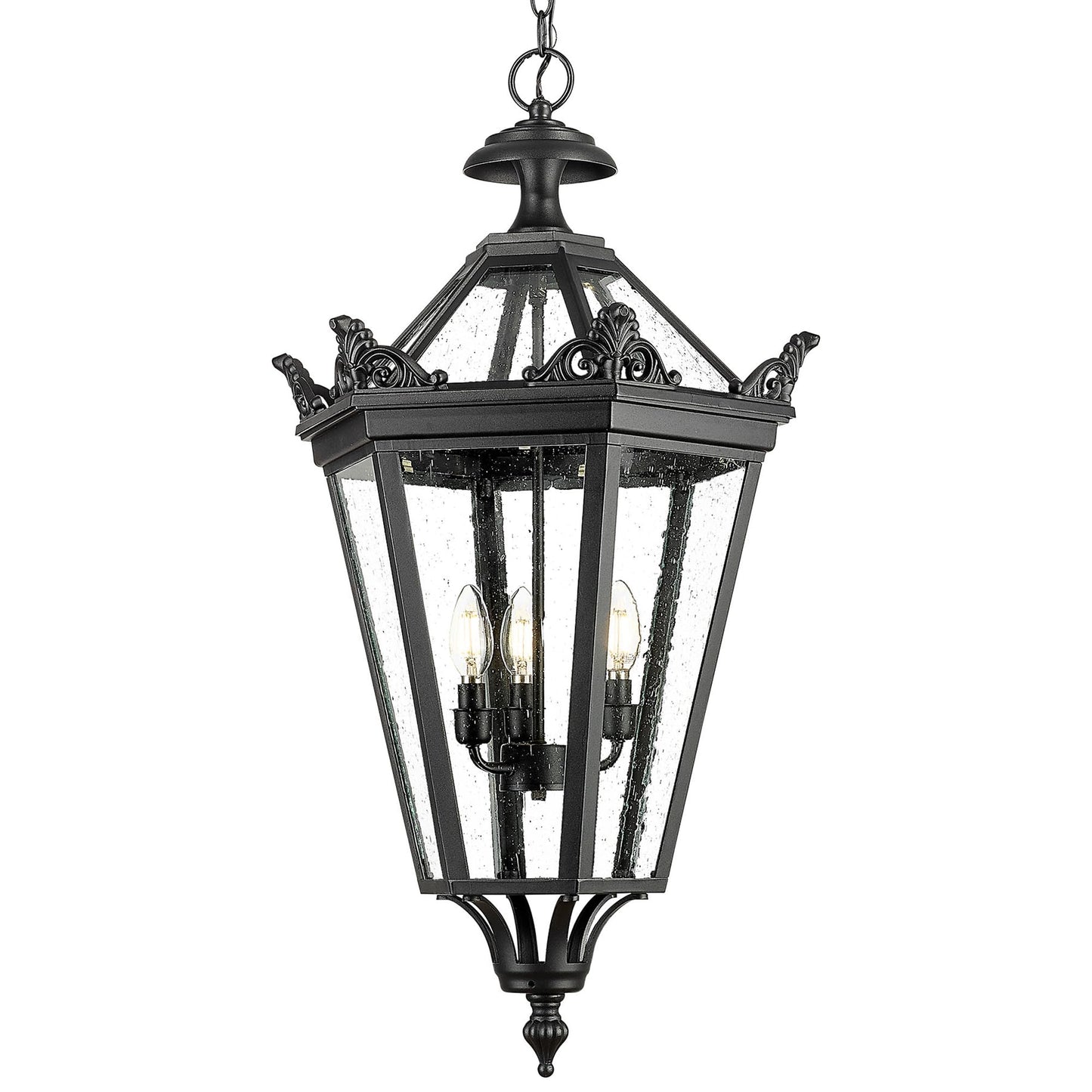 Emliviar 32 Inch Outdoor Front Door Hanging Light, Farmhouse Exterior Pendant Lantern Waterproof Ceiling Mount with Seeded Glass, Black Finish, XE283H BK