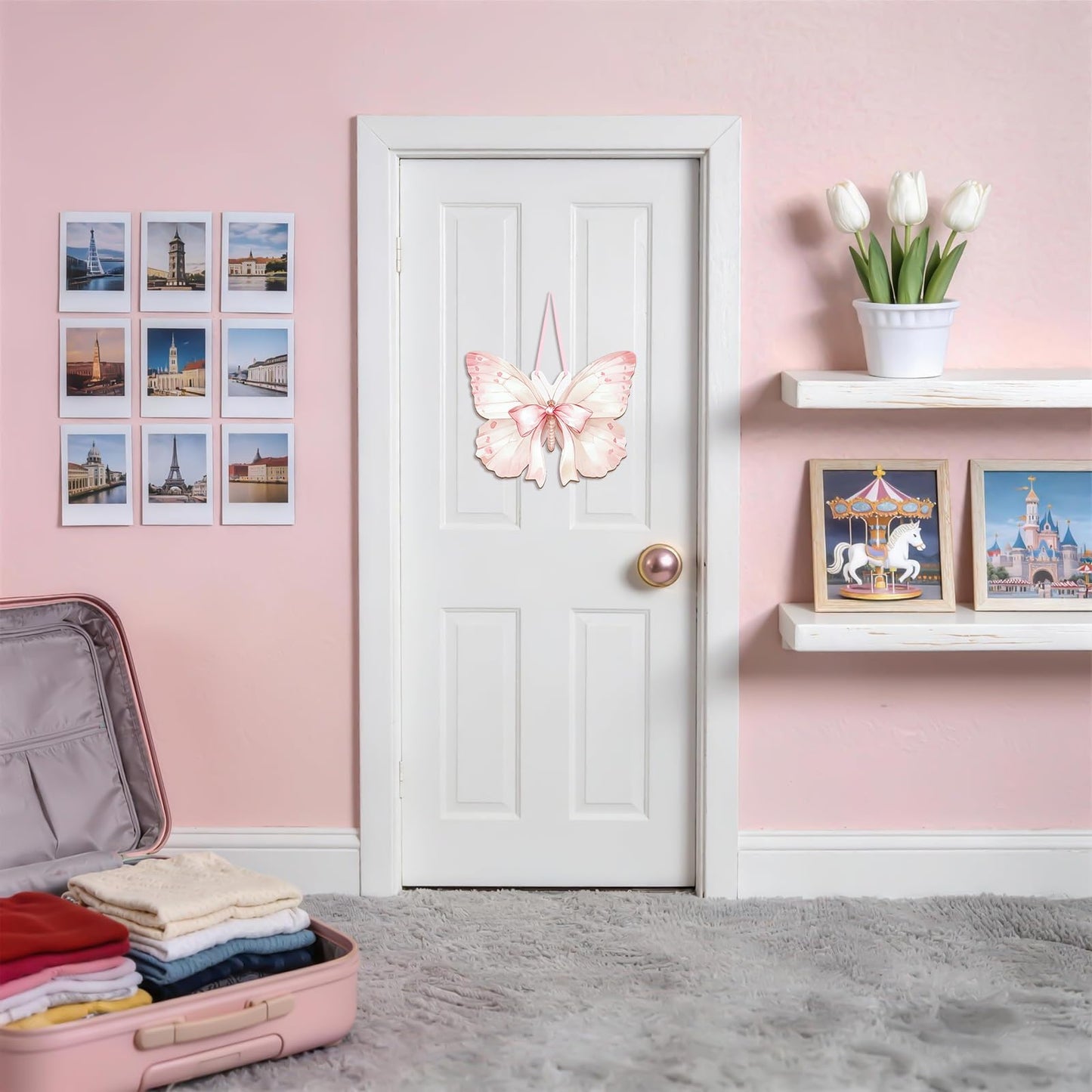 KHJCXS Double Sided Pink Purple Butterfly Wooden Hanging Wall Sign, Cute Coquette Girly Bows Wall Art Decor for Teen Girls Kids Preppy Nursery, College, Bedroom, Dorm, 12.6" × 11.8"