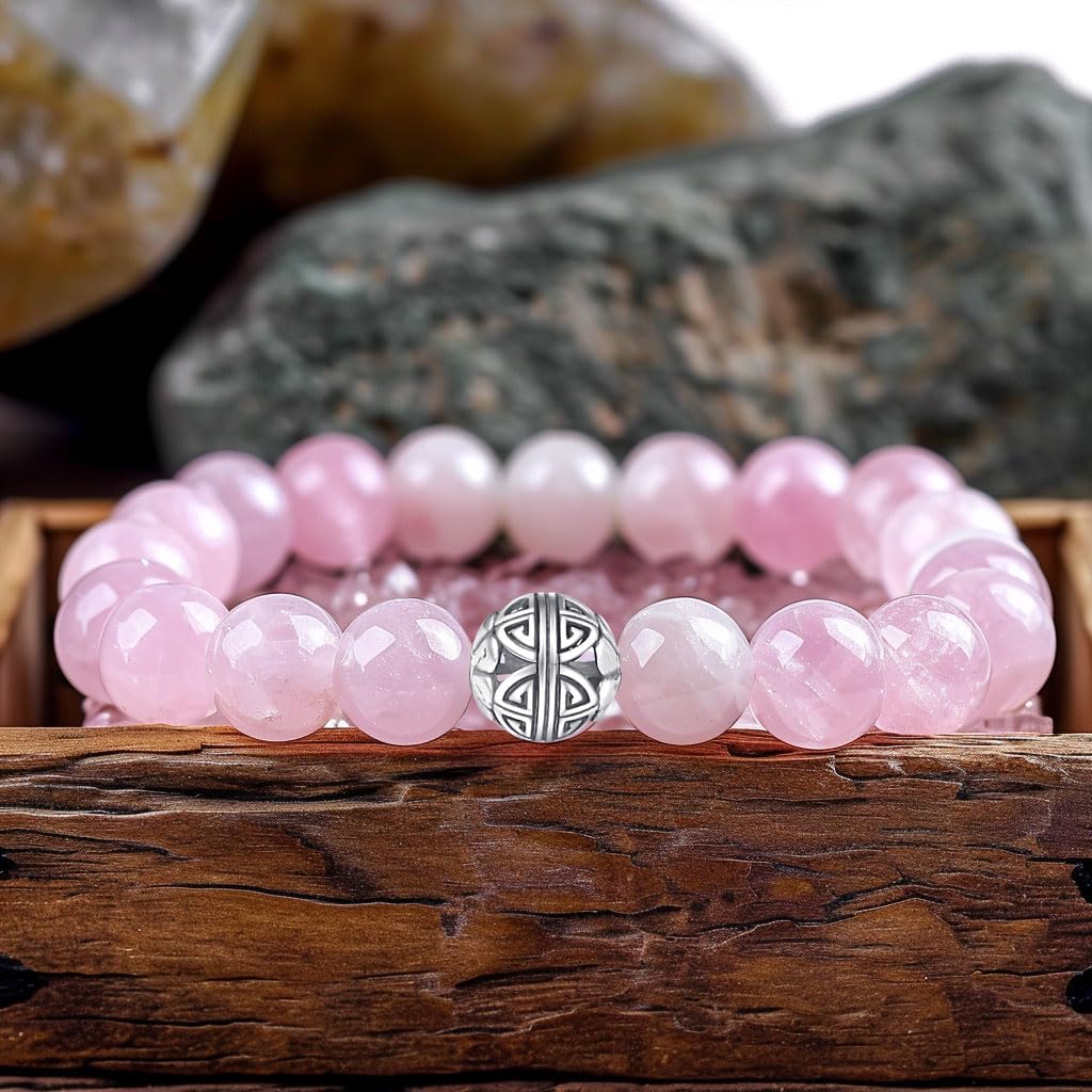 MetJakt Healing Crystals Beaded Bracelets for Womens Natural Gemstone 8mm Beads Stretch Bracelets with 925 Sterling Silver Double Happiness Pendant (Rose Quartz)