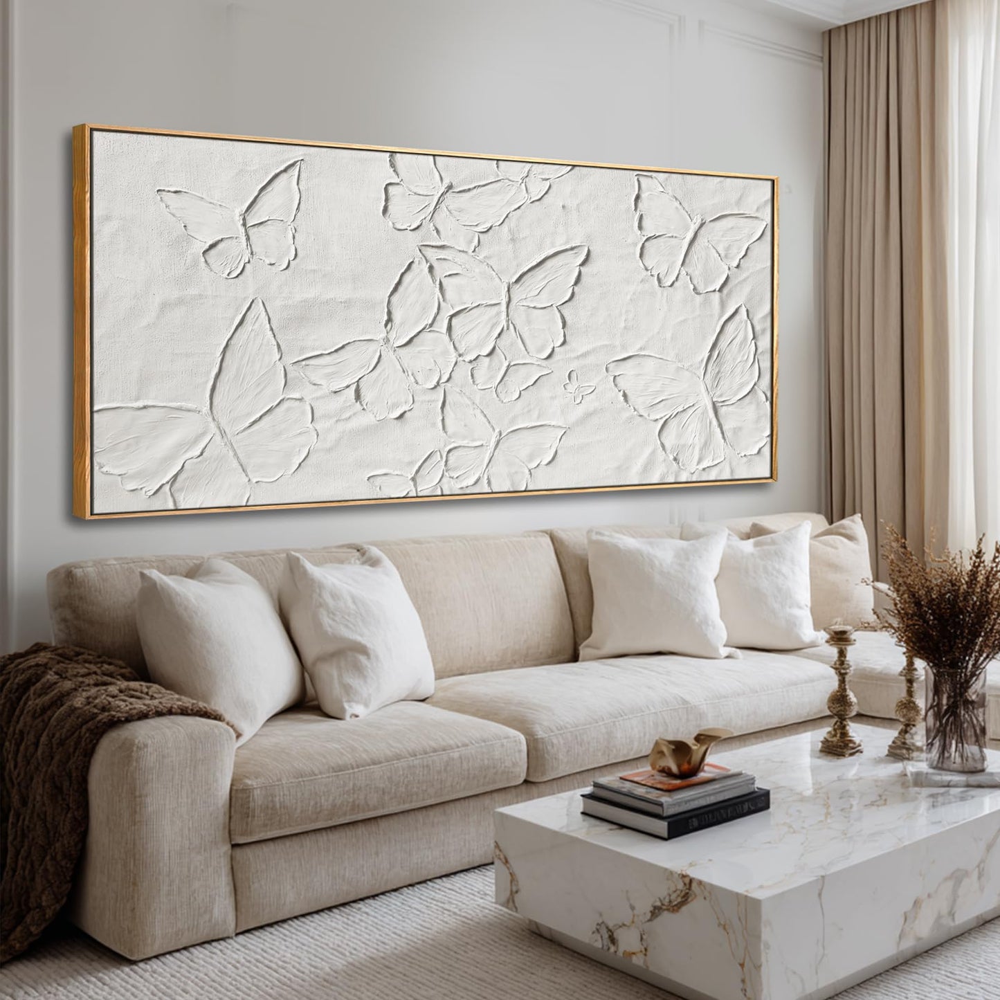 Hand-painted Butterfly Canvas Wall Art, 32x70 Inch White Abstract Framed Artwork for Living Room Decor