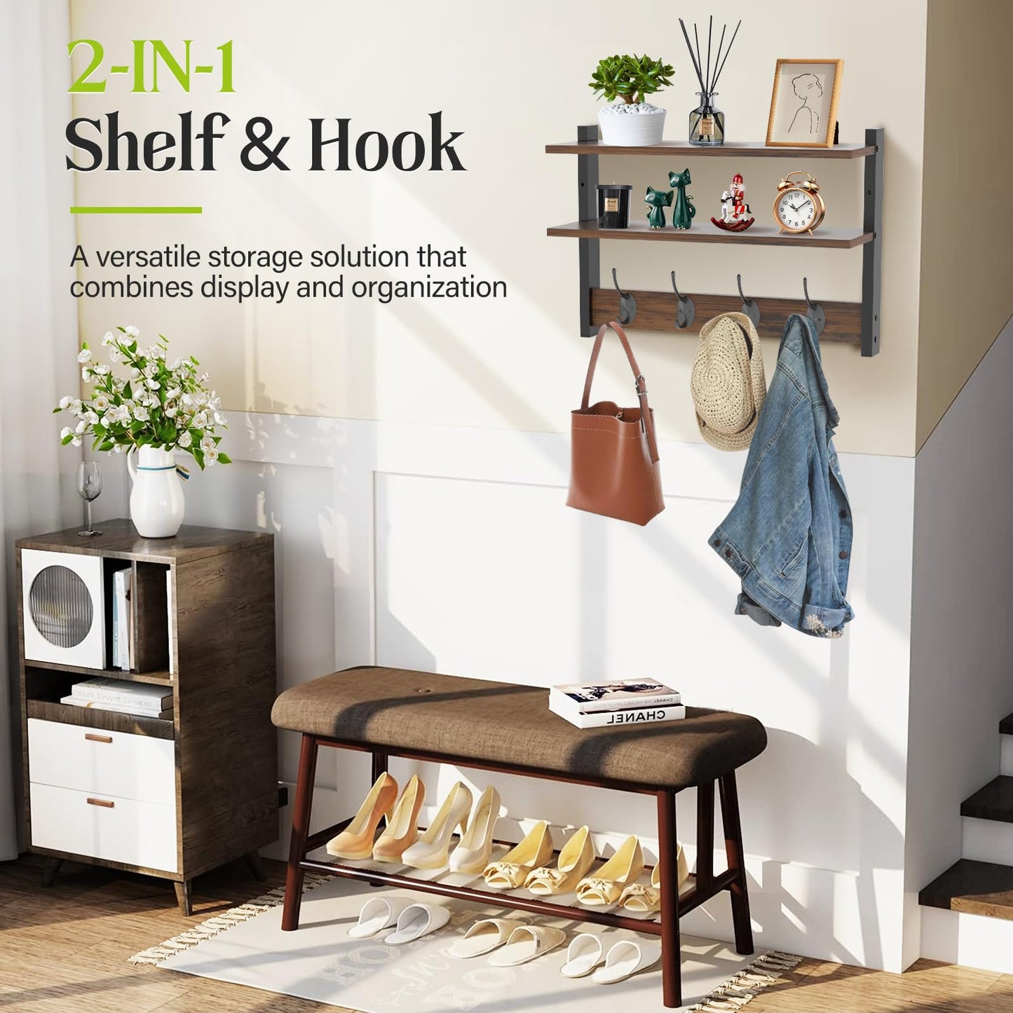 Orapoke Two-Tier Wall Shelf with Hooks, 17" Coat Rack Wall Mount with Shelf, Key Hooks for Wall with Heavy Duty Double Hooks, Coat Hook Wall Mounted for Bedroom, Living Room, Rustic Brown
