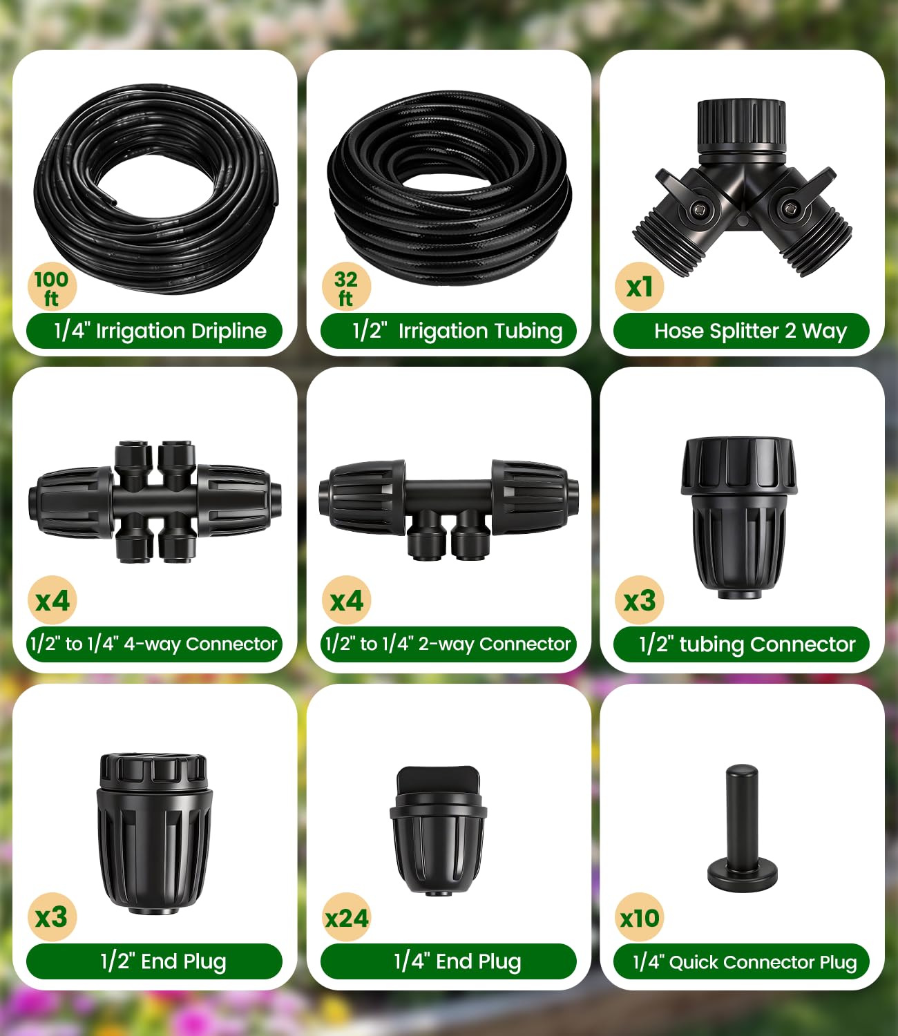 132FT Drip Irrigation Tubing Kit with 1/2 inch Drip Irrigation Tubing, 1/4 inch Irrigation Dripline, and Irrigation Parts for Garden, Raised Beds, and Greenhouse Watering