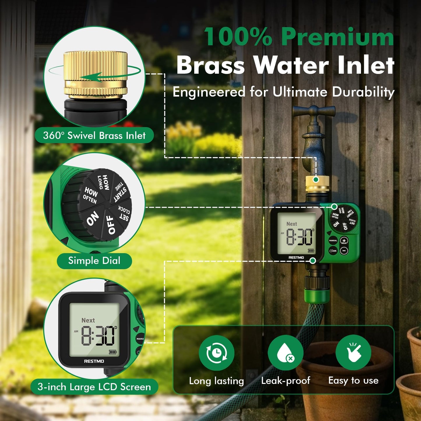 RESTMO Oversized LCD Sprinkler Timer for Outdoor Hose Faucet, Up to 11h59m Programmable Watering Timer for Soaker Hose, Filling, Misting with Brass Inlet, Rain Delay/Manual/Automatic Irrigation System
