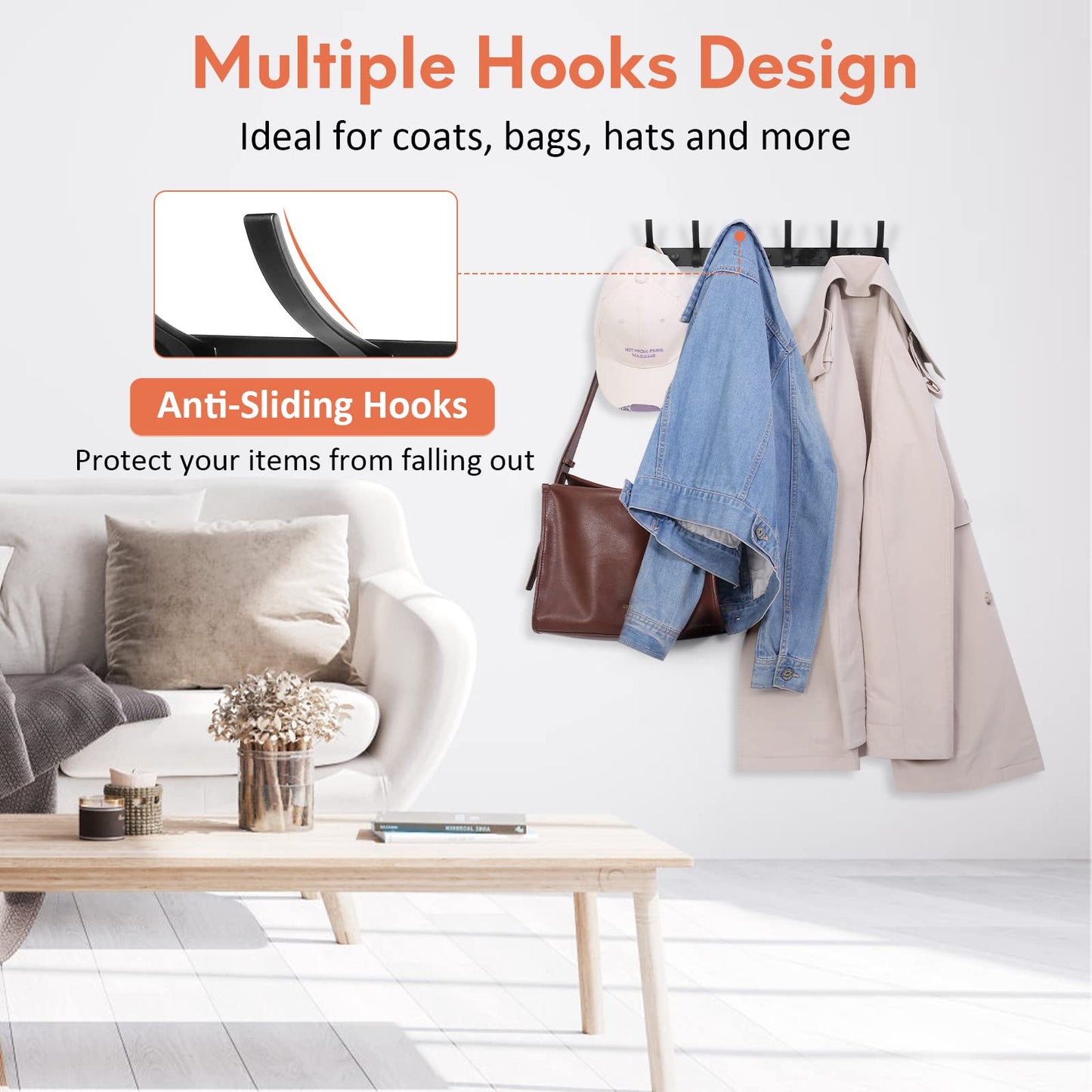 Optish Coat Rack Wall Mount, Wall Hooks for Hanging, Entry Coat Hooks Coat Hanger, Hat Rack Holder for Wall, Key Holder Purse Racks, Towel Rack for Bathrooms (2 Pack, Black)
