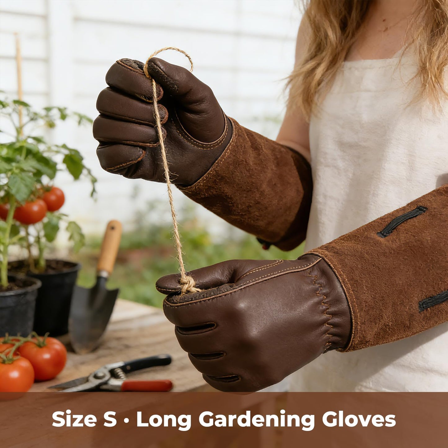 Aegend Women’s Garden Gloves, Long Elbow Cuff Adjustable Strap, Sun & Dirt Protection, Cowhide Leather, Breathable Comfortable for Gardening, Fit Small Hands for Gardeners (Brown, S)