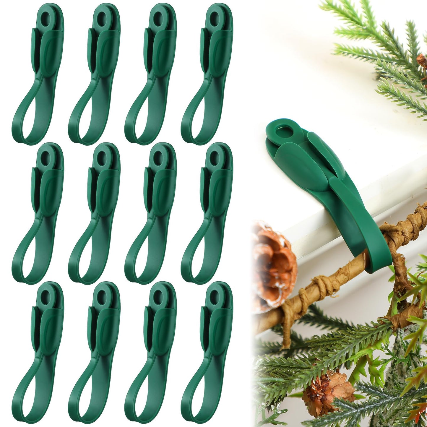 Relaxweex 12 Pcs Garland Hanger for Mantle No Drill Garland Hangers Hooks Wreath Ties Fireplace Stocking Holder Stretchable Silicone Adhesive Straps for Door Frame Stairways (Green)