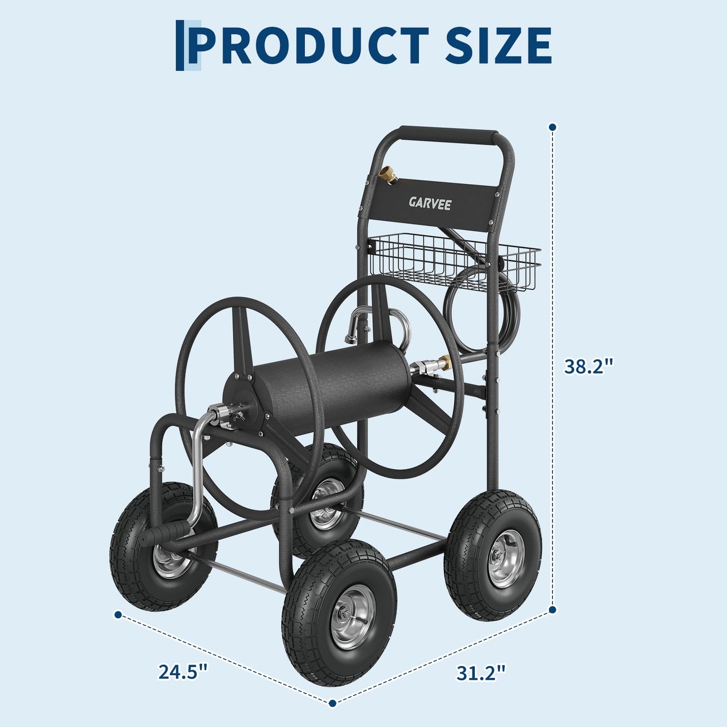 Garvee Garden Hose Reel Cart with Wheels, Hold Up to 300 ft of 5/8’’ Hose, Heavy Duty Water Hose Reel with Storage Basket, 4 Large Pneumatic Tires, Mobile Outdoor Hose Storage for Garden, Yard, Farm