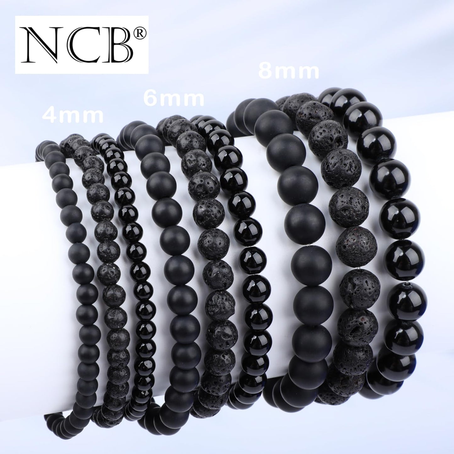 NCB 3-Piece 8mm Natural Crystal Gemstone Stretch Bracelets – ﻿Black Lava, Black Onyx, Matte Black Agate Handmade Reiki Energy Healing Jewelry for Meditation,Yoga, Unisex