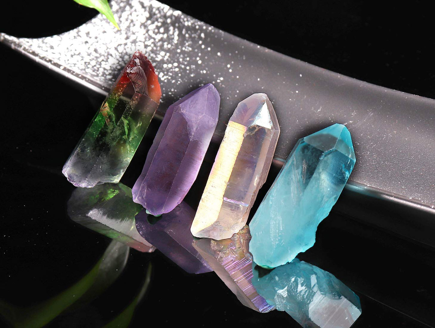 JIC Gem 4 pcs Auqa Aura, Angel Aura, Angel Amethyst, Tourmaline Healing Crystal Single Point Wand Natural Gemstone Polished Tumbled Stone or Crystal Healing, Reiki, and Home Decor