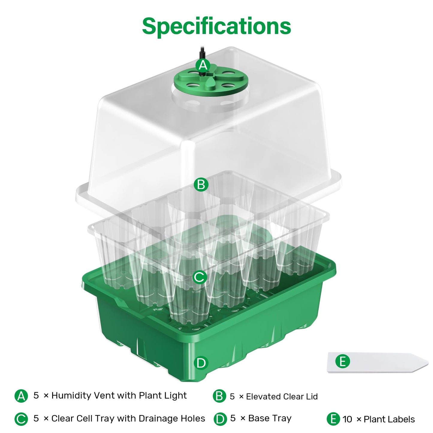 Bonviee 5 Packs Seed Starter Tray with Plant Light, Elevated Seedling Starter Trays Kits with Adjustable Humidity Domes and Clear Cell Tray, 12 Full Spectrum led lamp Beads for Plants Indoor-Green