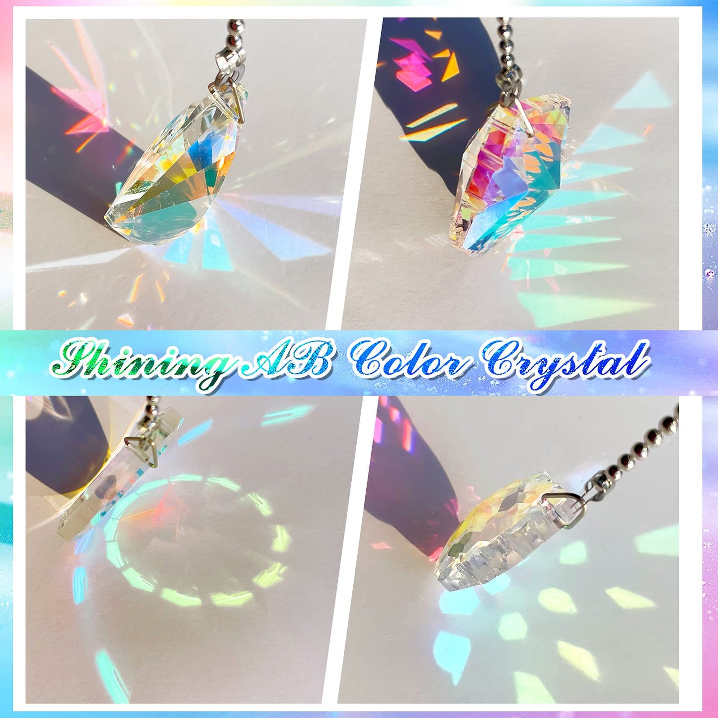 4 Pieces Crystal Ceiling Fan Pull Chain Decorative Rainbow Pull Chain Extension 20 Inch Ceiling Ornament with Ball Connector(Water Drop, Shell, Diamond, Ring)