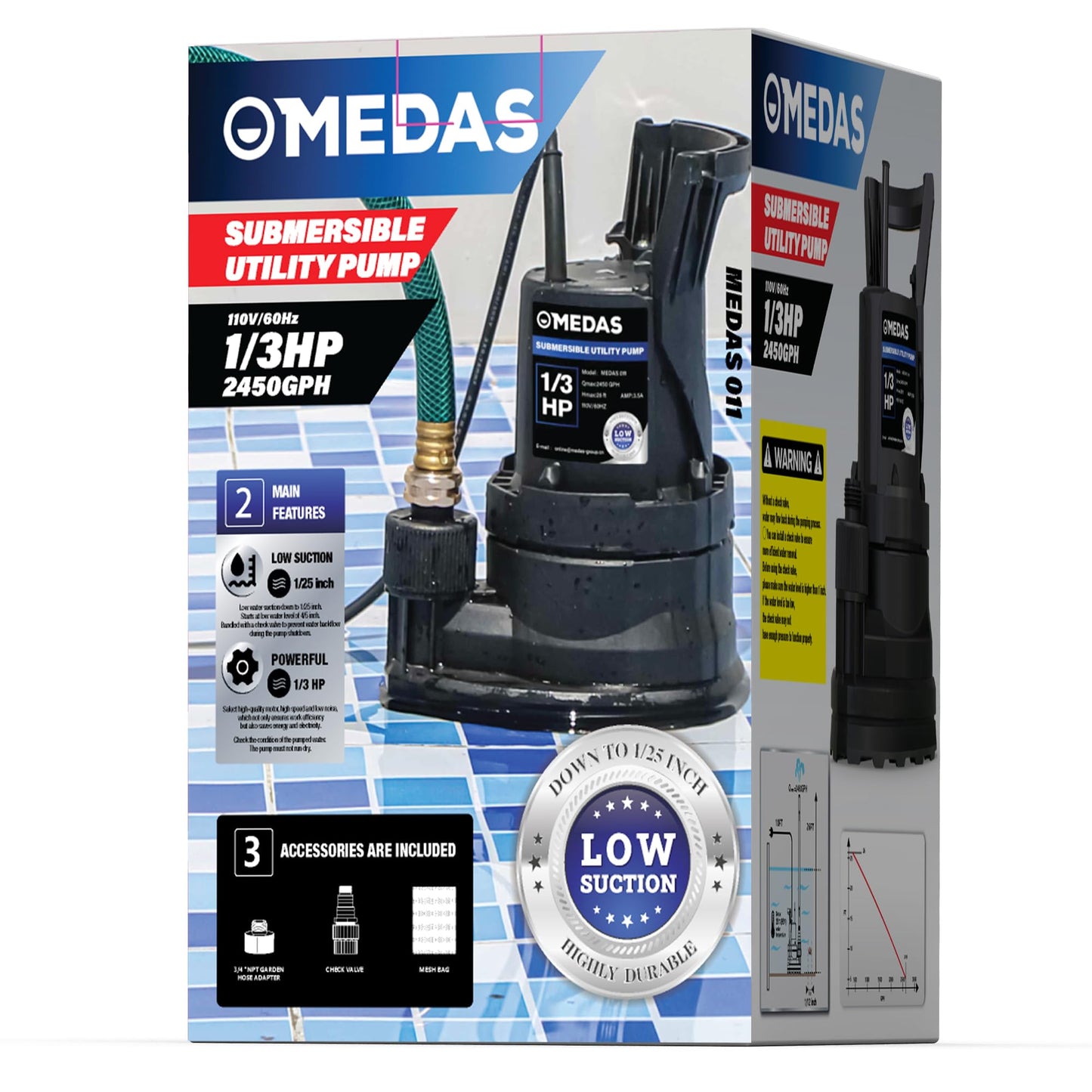 MEDAS Portable Sump Pump for Swimming Pool, Garden Pond, Basement Water Removal with 10ft Power Cord 1/3HP