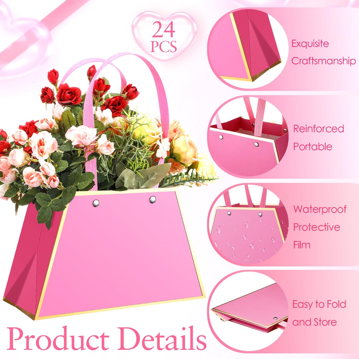 Noveread 24 Pcs Mother's Day Floral Gift Bags Bulk Portable Flower Bouquet Wrapping Paper Bag with Handle Waterproof Florist Wrap Centerpiece Box for Women Anniversary Wedding Birthday(Hot Pink)